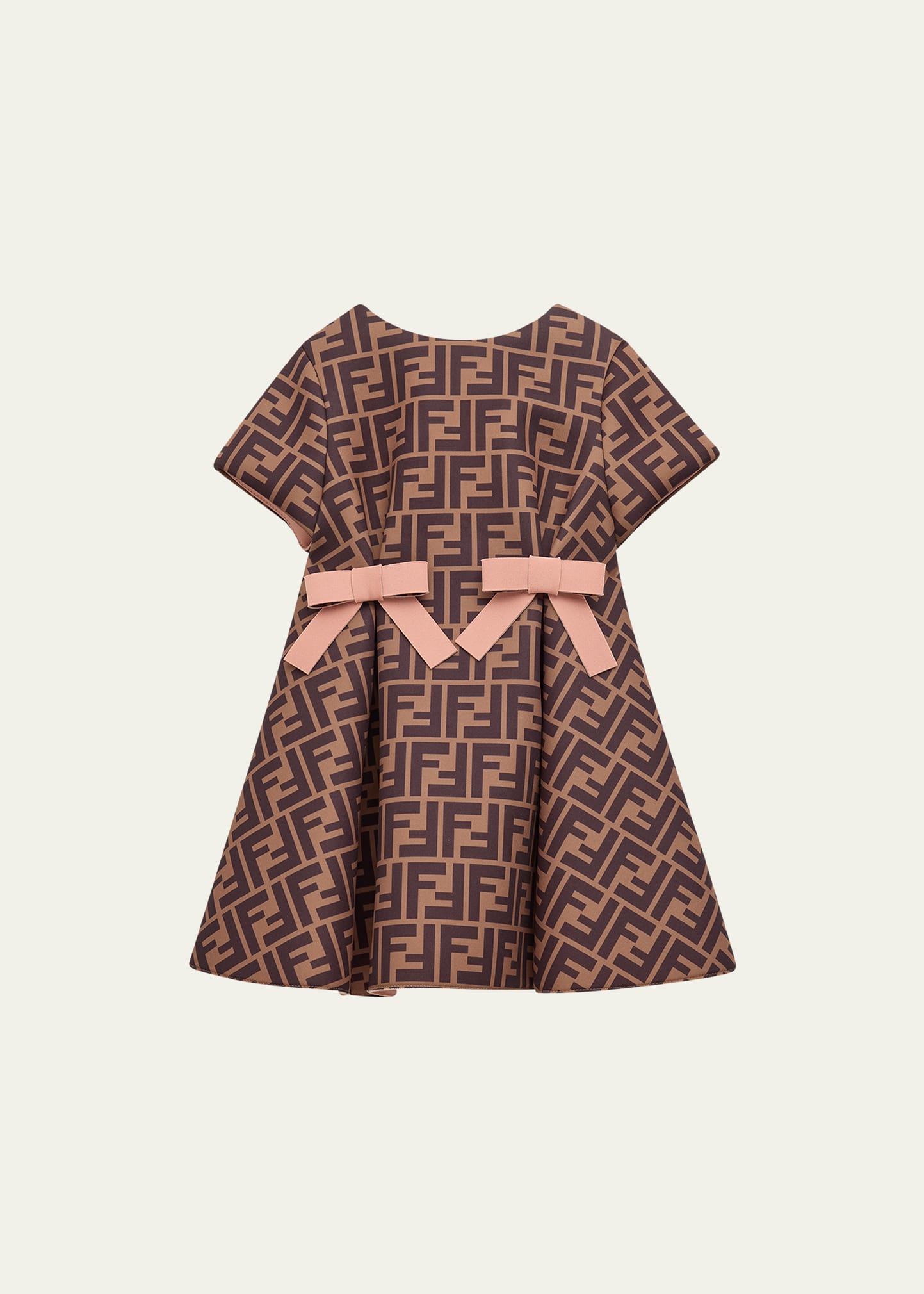 Fendi Kids' Girl's Monogram-print Dress W/ Bows In Brown/pink