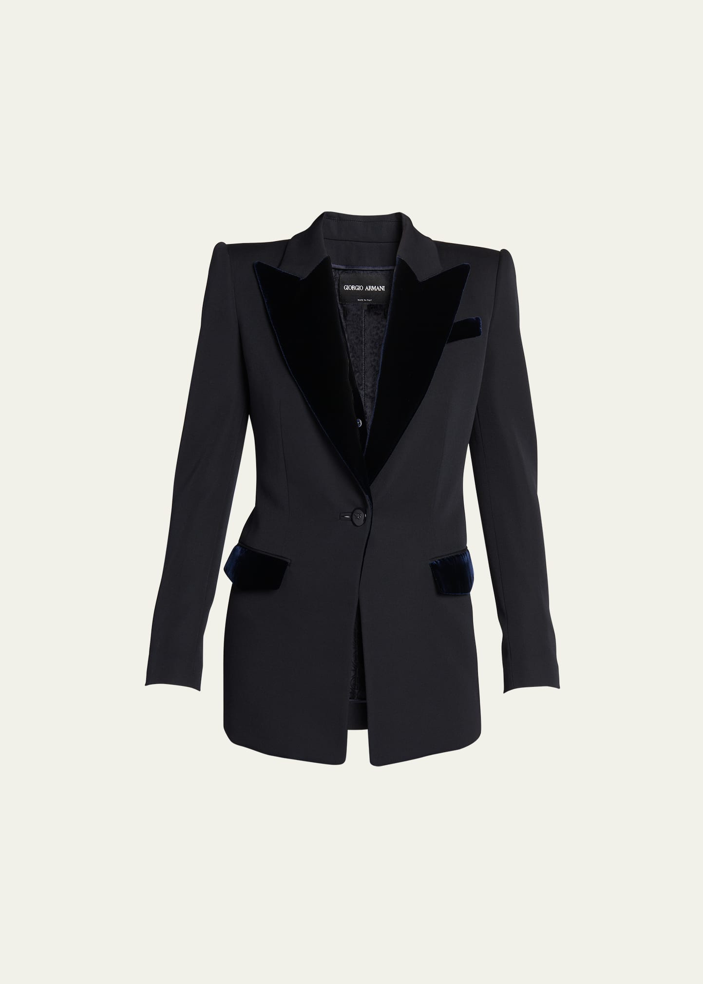 Shop Giorgio Armani Virgin Wool Tuxedo Jacket With Velvet Details In Navy
