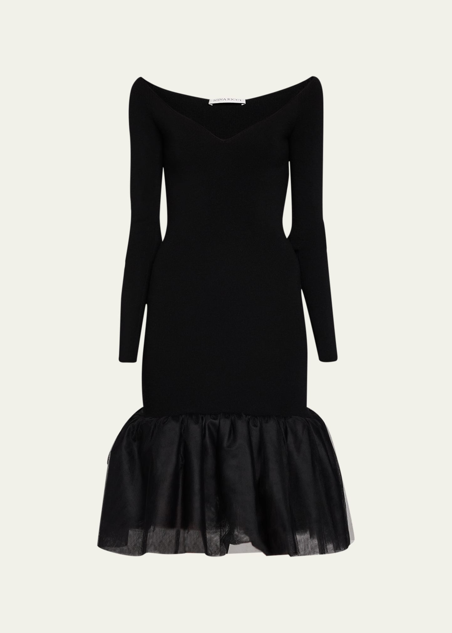 Nina Ricci Sweetheart Wool Tulle Hem Midi Dress In U9000 Black