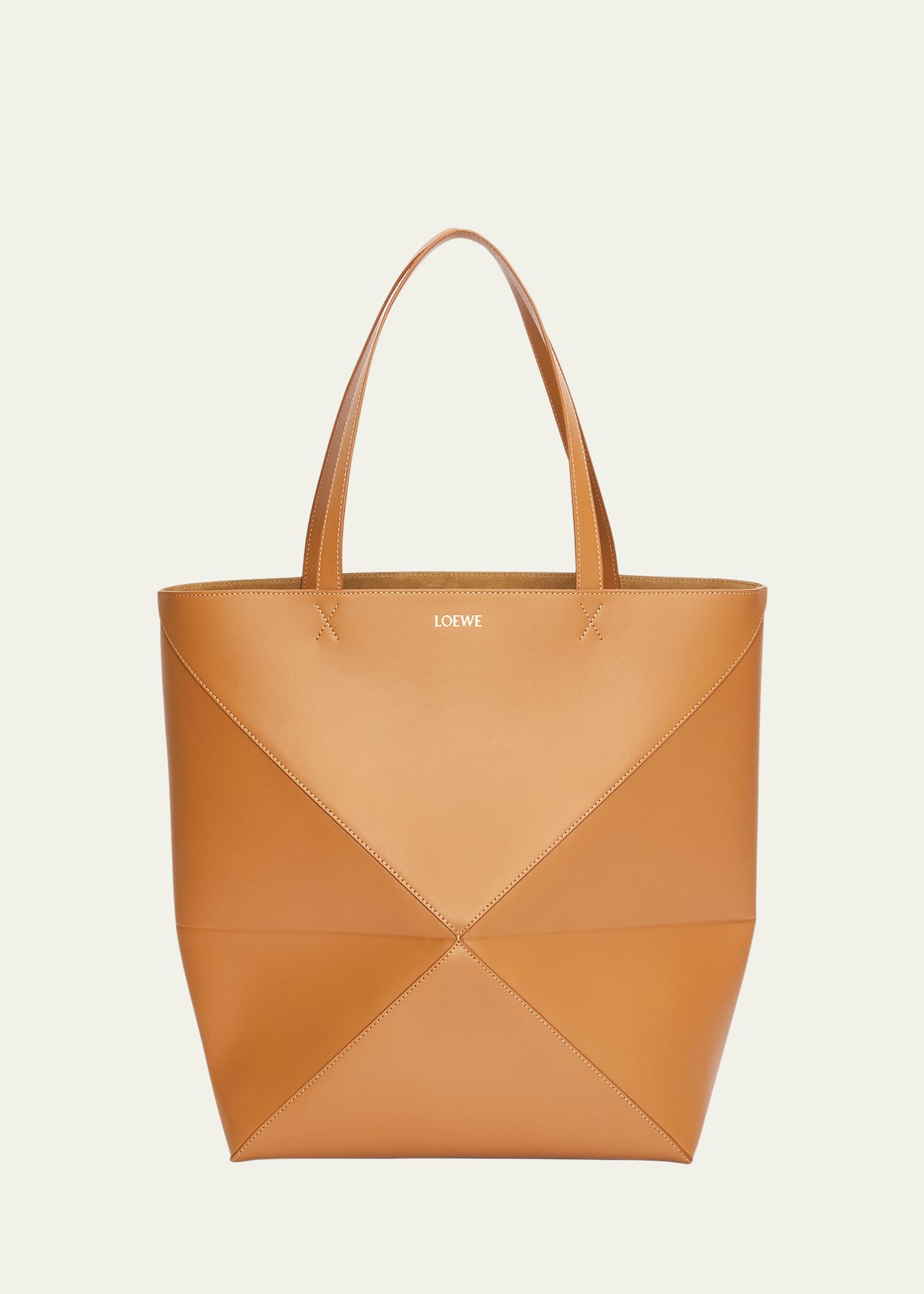 Loewe Puzzle Fold Large Tote Bag In Shiny Leather In Warm Desert