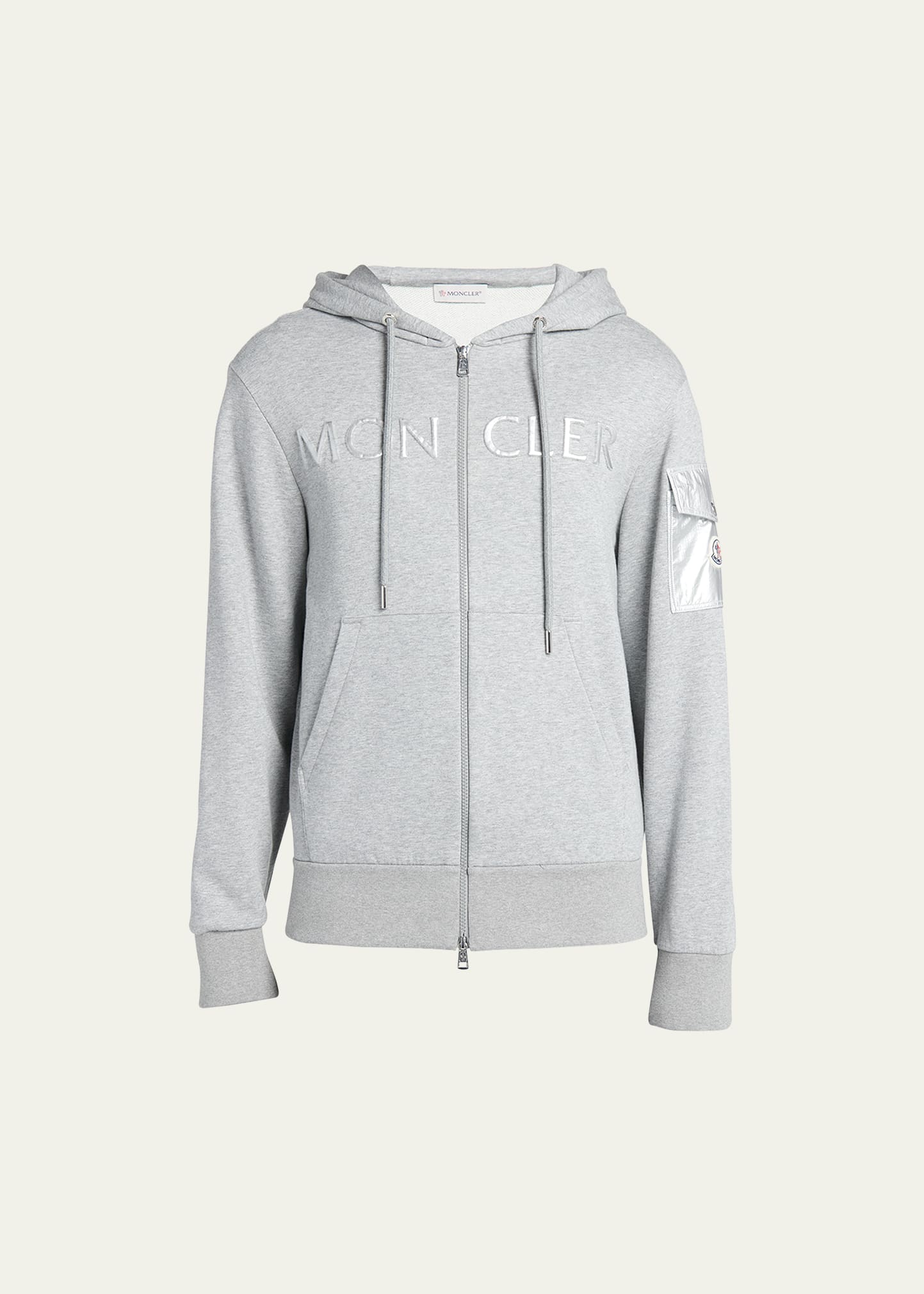 Shop Moncler Men's Cotton Terry Embroidered Logo Zip Hoodie In Light Grey