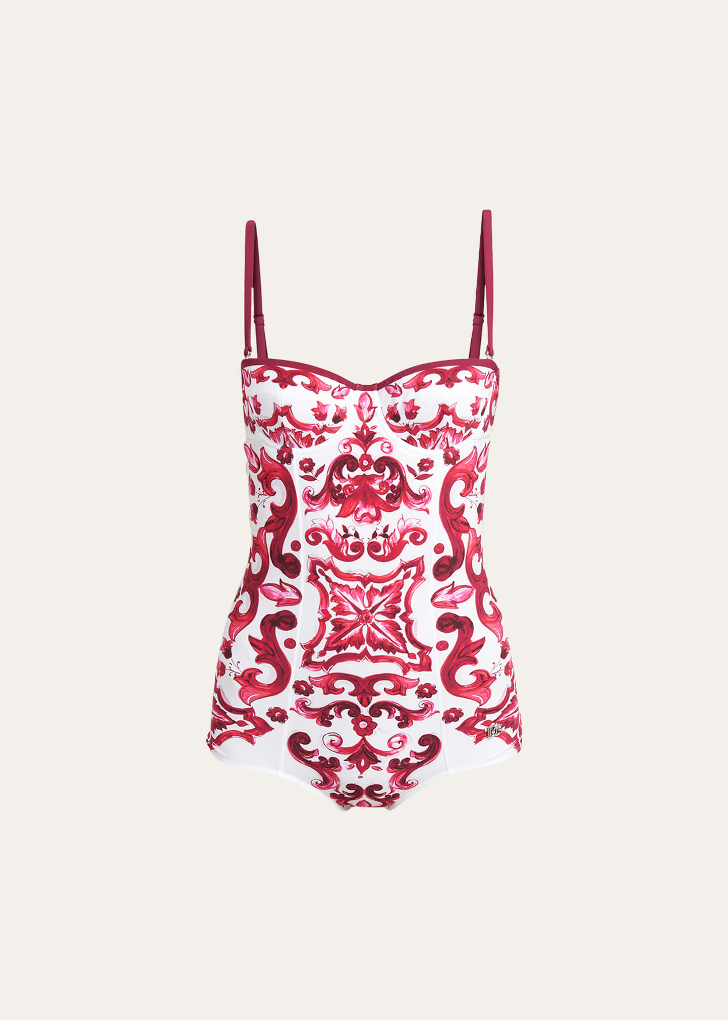 Dolce & Gabbana Majolica-print Underwire One-piece Swimsuit In Wht/fuchsi