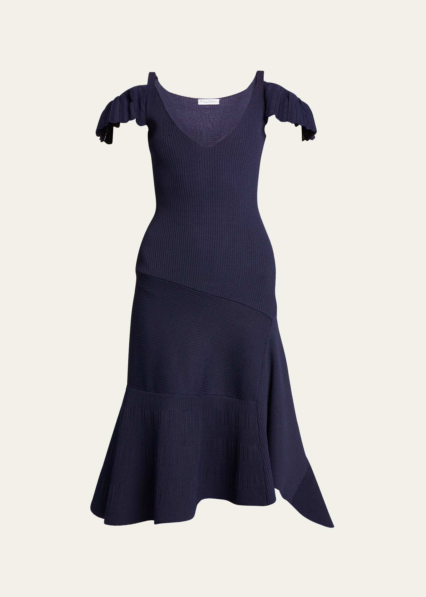 Jw Anderson Ruffle Cold-shoulder Rib Knit Midi Dress In Dark Navy