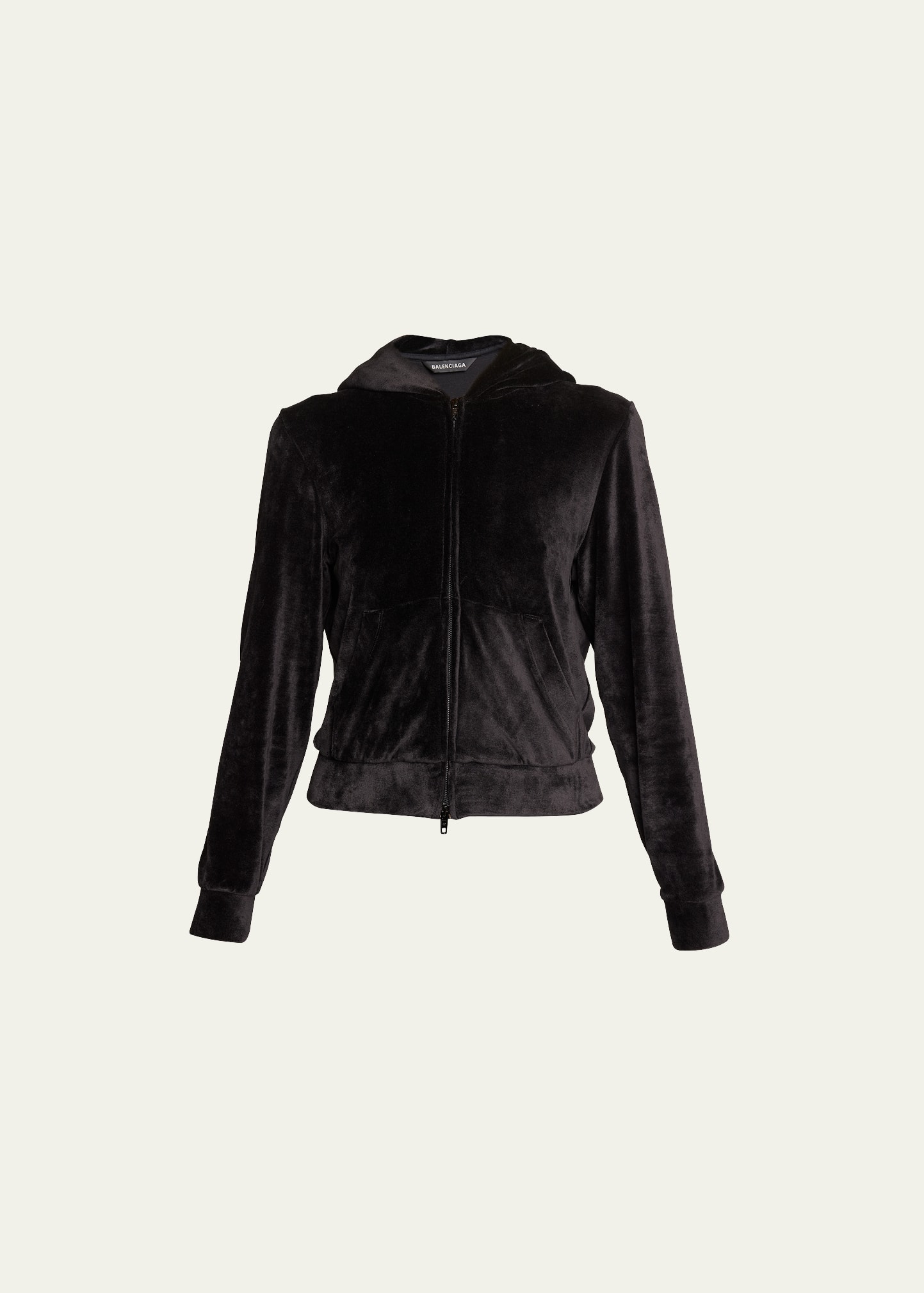 Balenciaga Cropped Zip-up Velvet Hoodie With Strass Logo In Noir