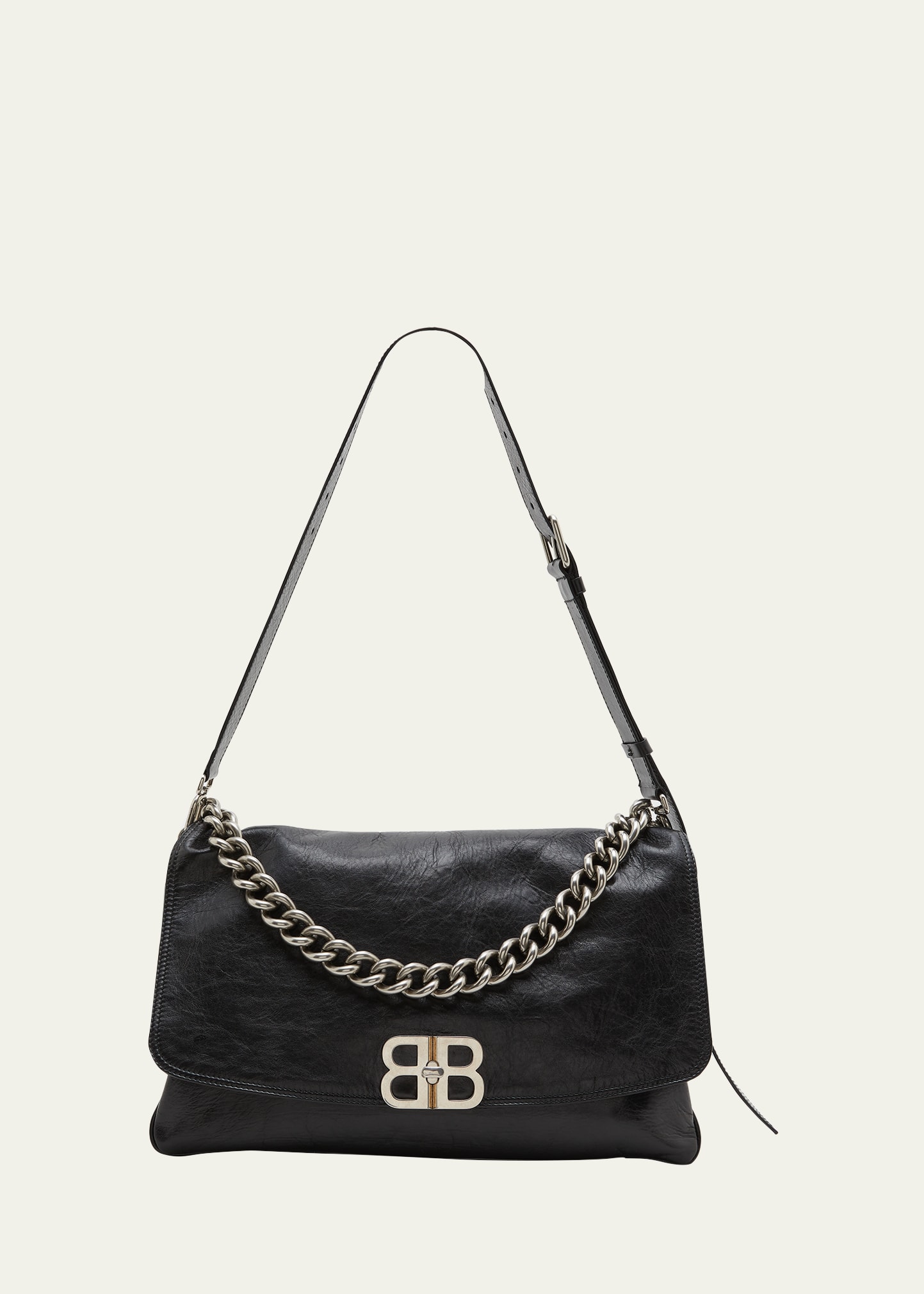 Balenciaga Large Flap Leather Shoulder Bag In Black