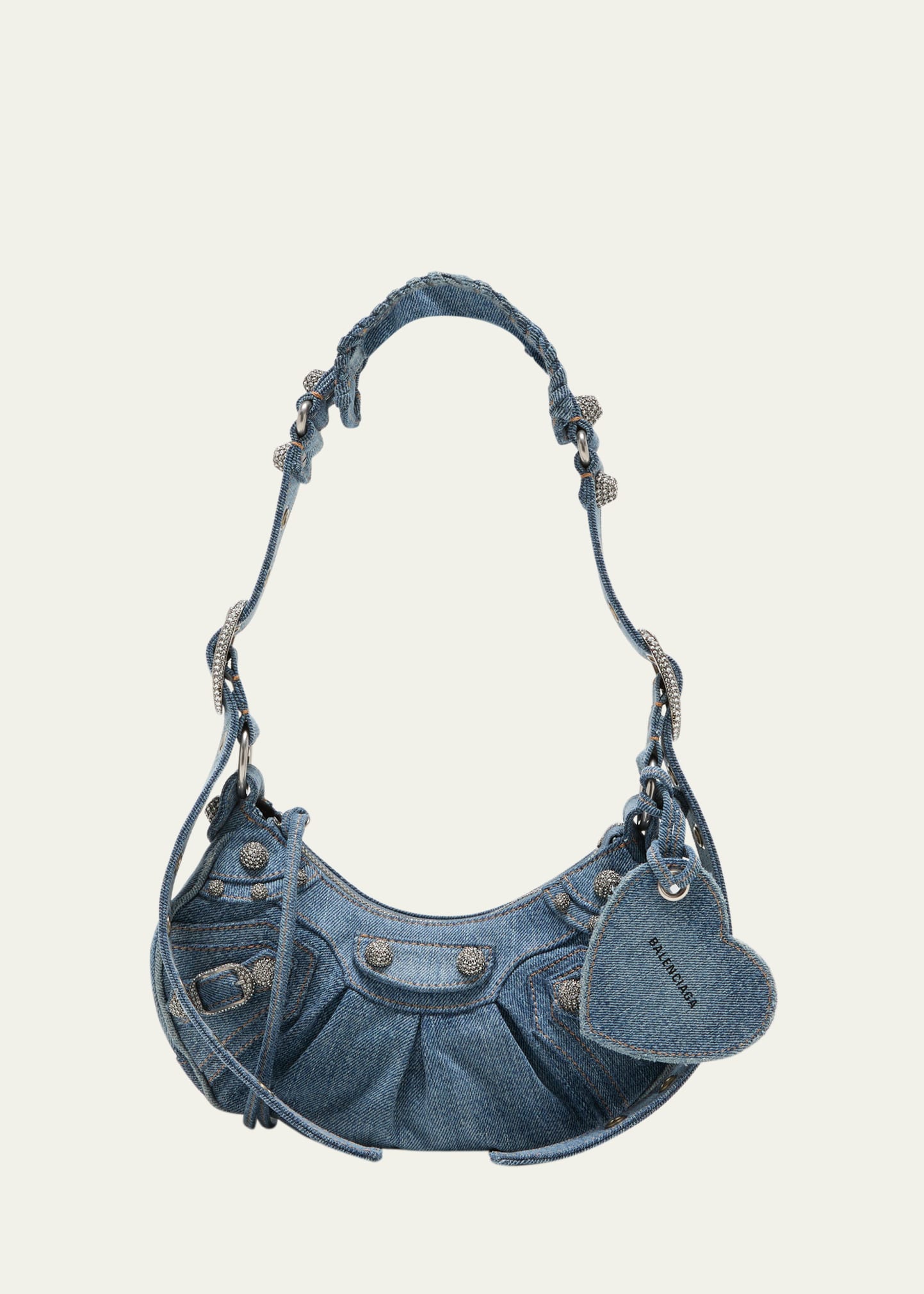 Balenciaga Neo Cagole City Rhinestone Stud Denim Shoulder Bag In Blue