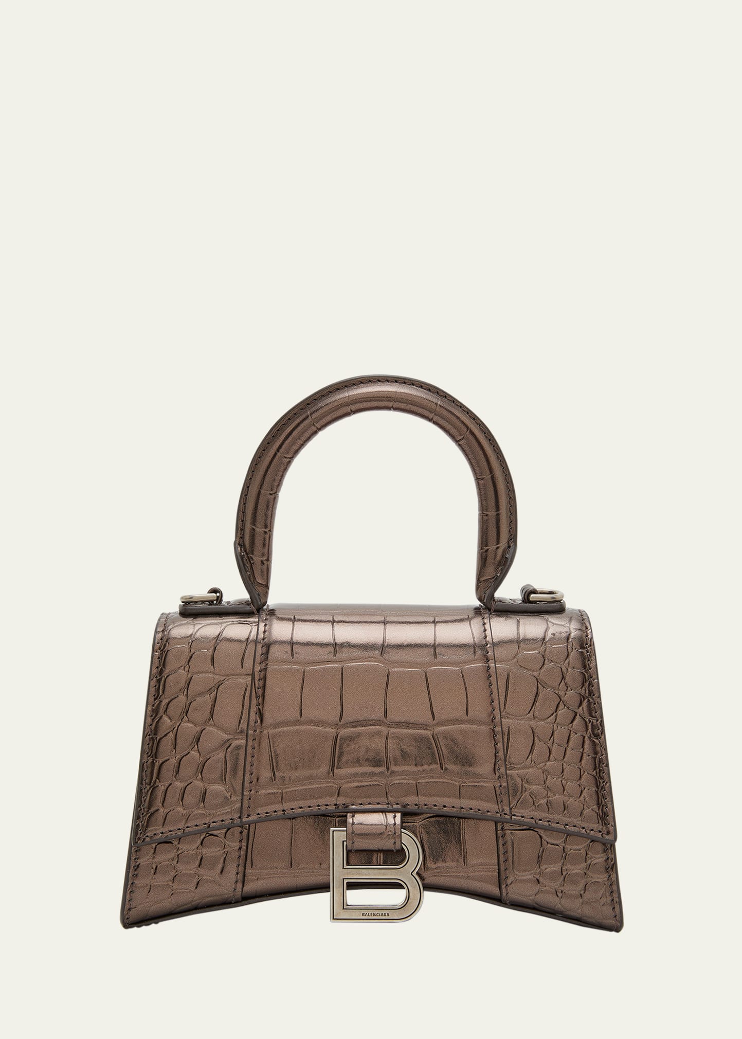 Shop Balenciaga Hourglass Xs Metallic Croc-embossed Top-handle Bag In Dark Bronze