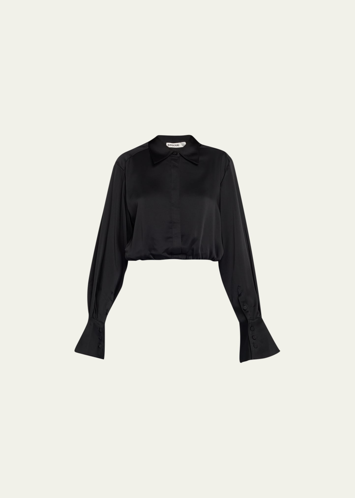 Simkhai Blythe Button-front Cropped Satin Shirt In Black