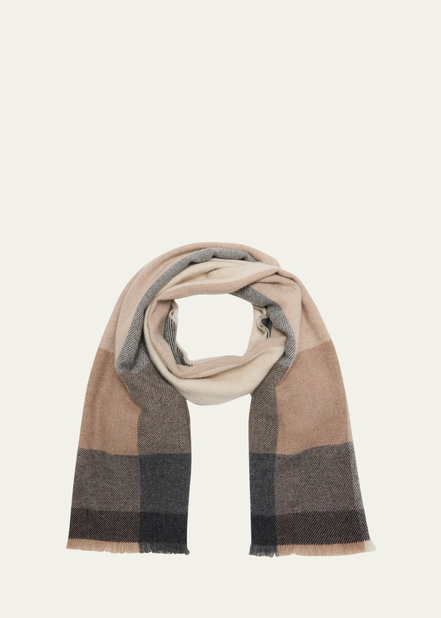 Brunello Cucinelli Wool And Cashmere Scarf With Check Motif In Grey/brown