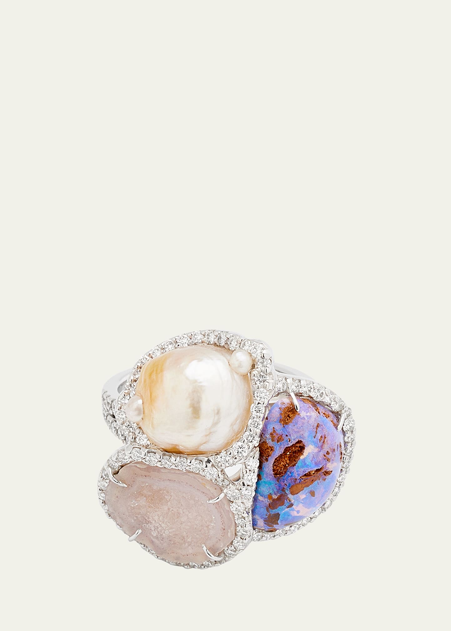 Kimberly Mcdonald White Gold Ring With Geode, Pearl, Opal And Diamonds In Multi