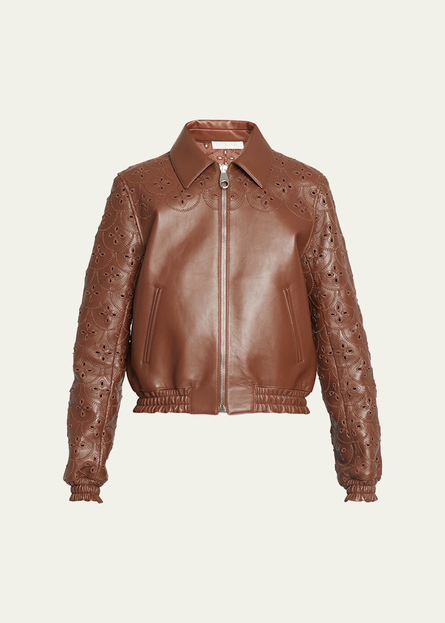 Chloé Leather Short Jacket With Cutout Eyelet Embroidery In Dark Chesnut