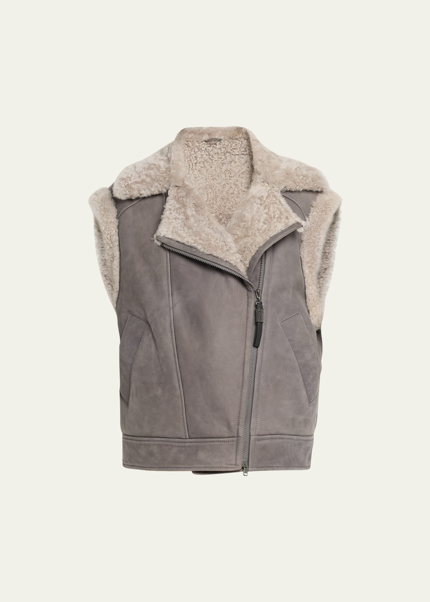 Brunello Cucinelli Suede Moto Vest With Soft Shearling Lining In C8787 Grey