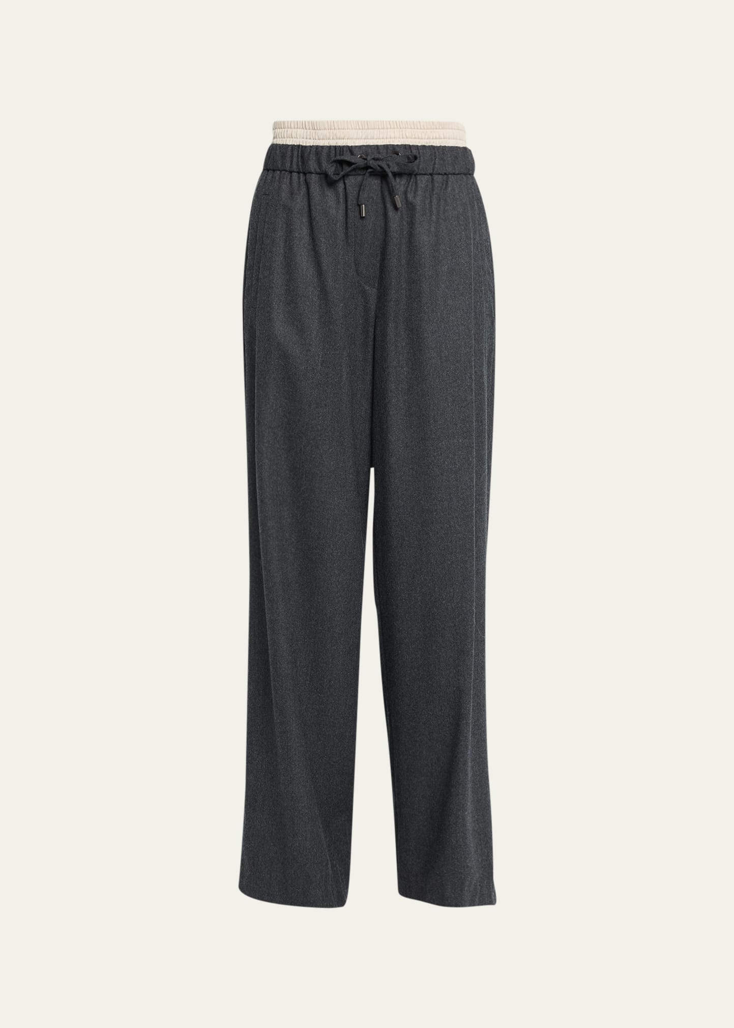Brunello Cucinelli Flannel Wool Pant With Contrast Taffetta Waist And Drawstring In C004 Dark Grey