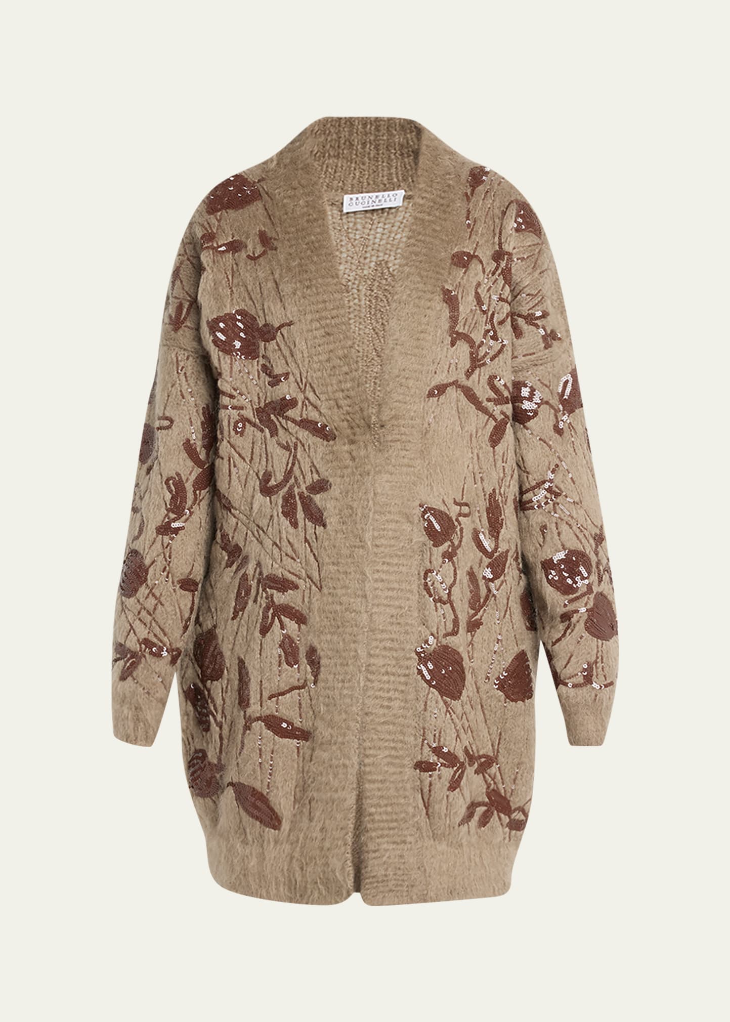 Shop Brunello Cucinelli Floral Sequined Brushed Mohair Cardigan Coat In C8909 Rope