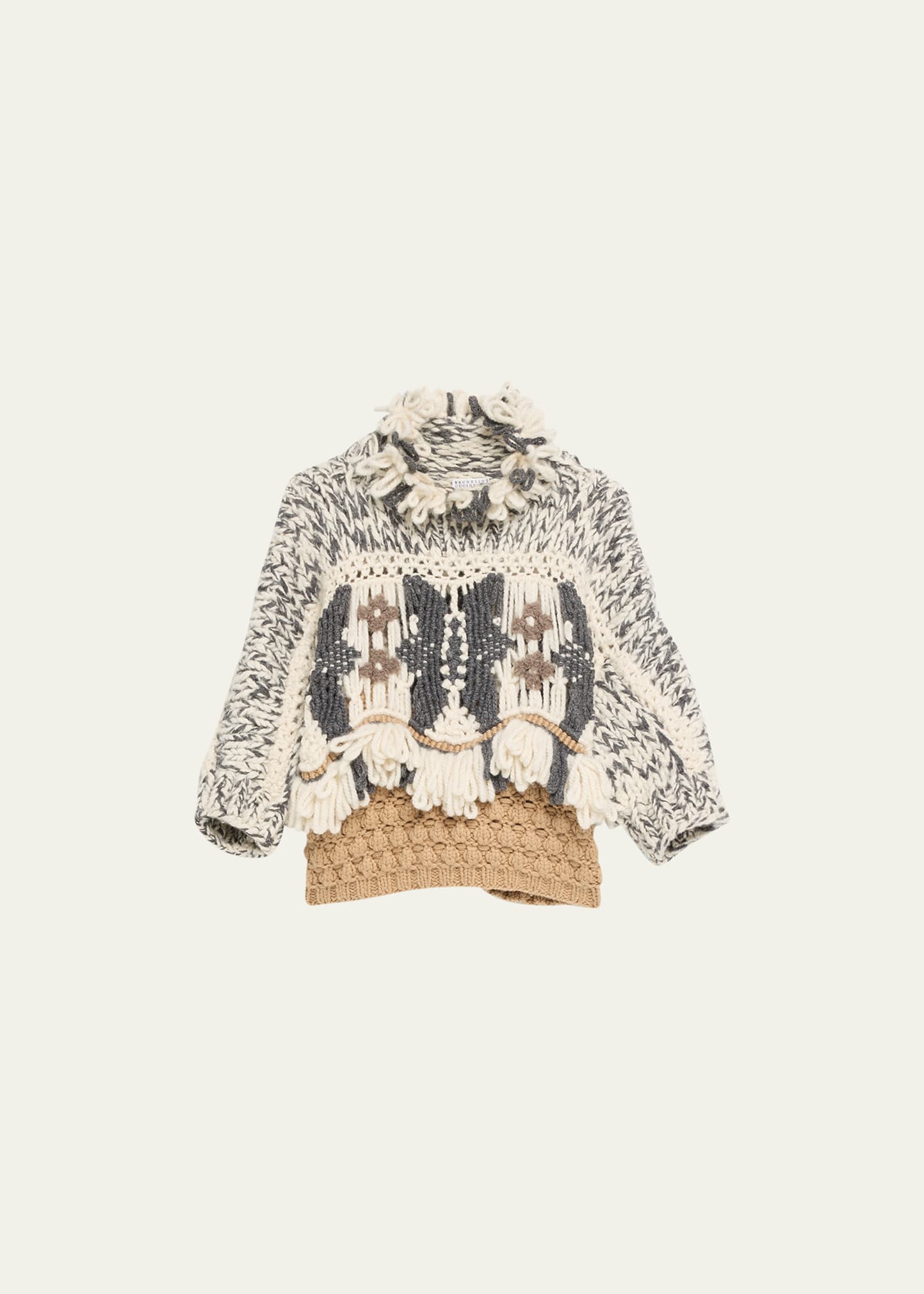 Brunello Cucinelli Cashmere Knit Sweater With Intarsia Macrame Details In Cju57 Medium Beig