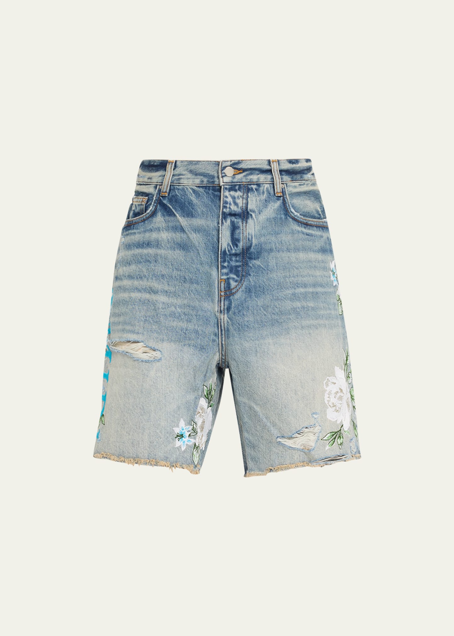 Amiri Men's Faded Embroidered Floral Denim Shorts | Smart Closet