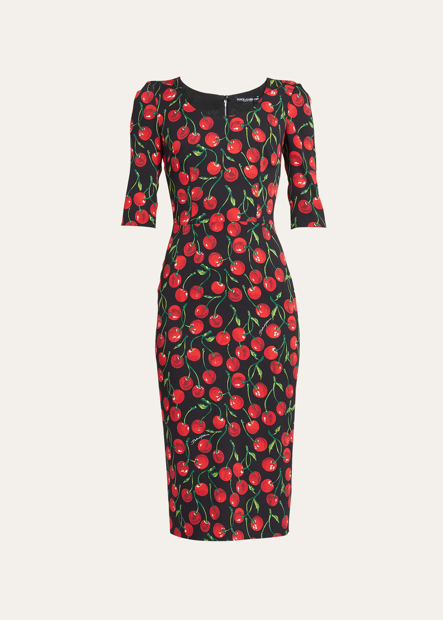 Dolce & Gabbana Cherry Print Stretch Silk Sheath Dress In Black Prt