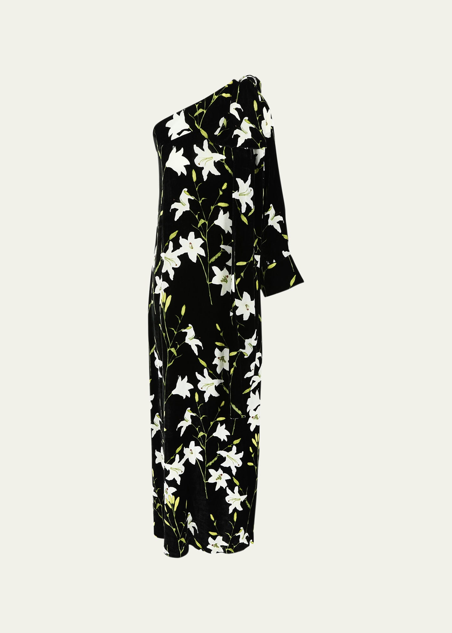 Shop Bernadette Nel Velvet Floral One-shoulder Dress With Bow Shoulder In Lily Black All Wh