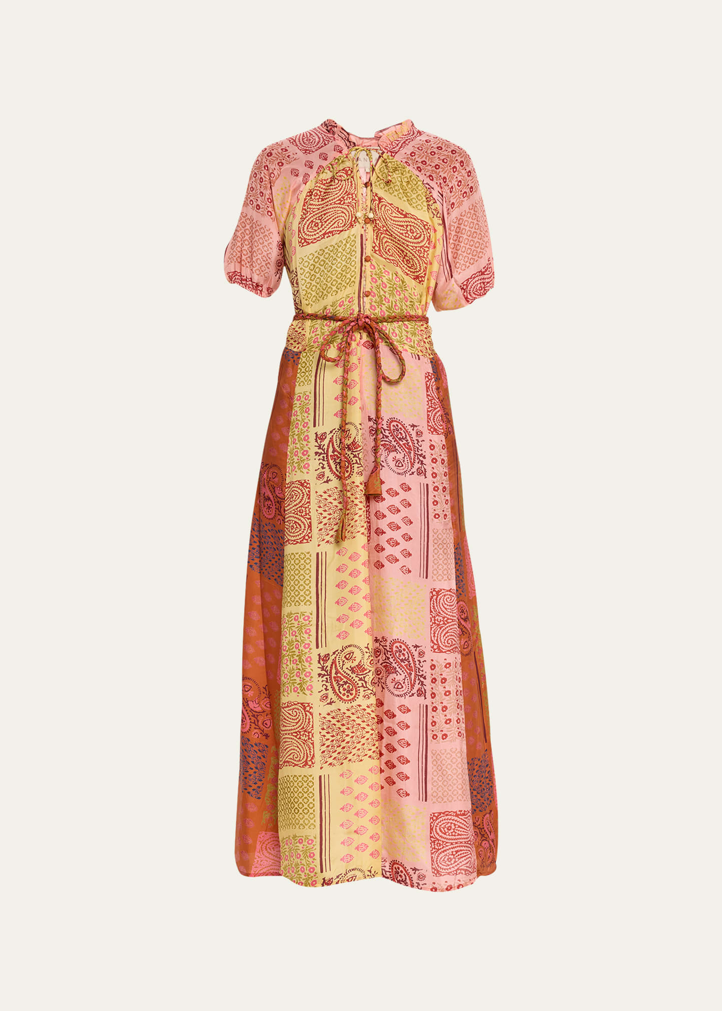 Alina Tie-Belt Patchwork Maxi Dress