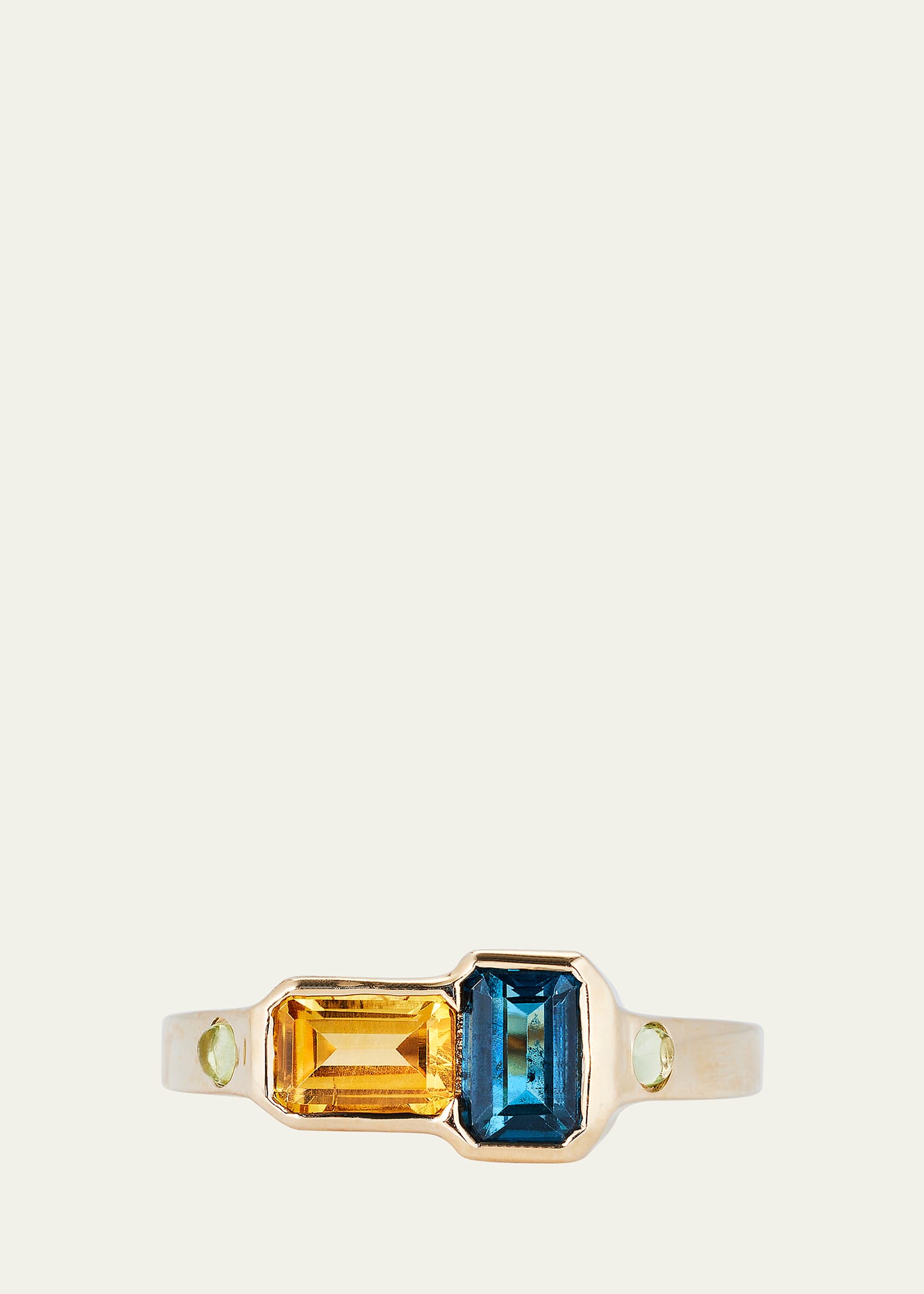 14k Gold Orb Blue Topaz and Citrine Ring with Peridot Cabochons