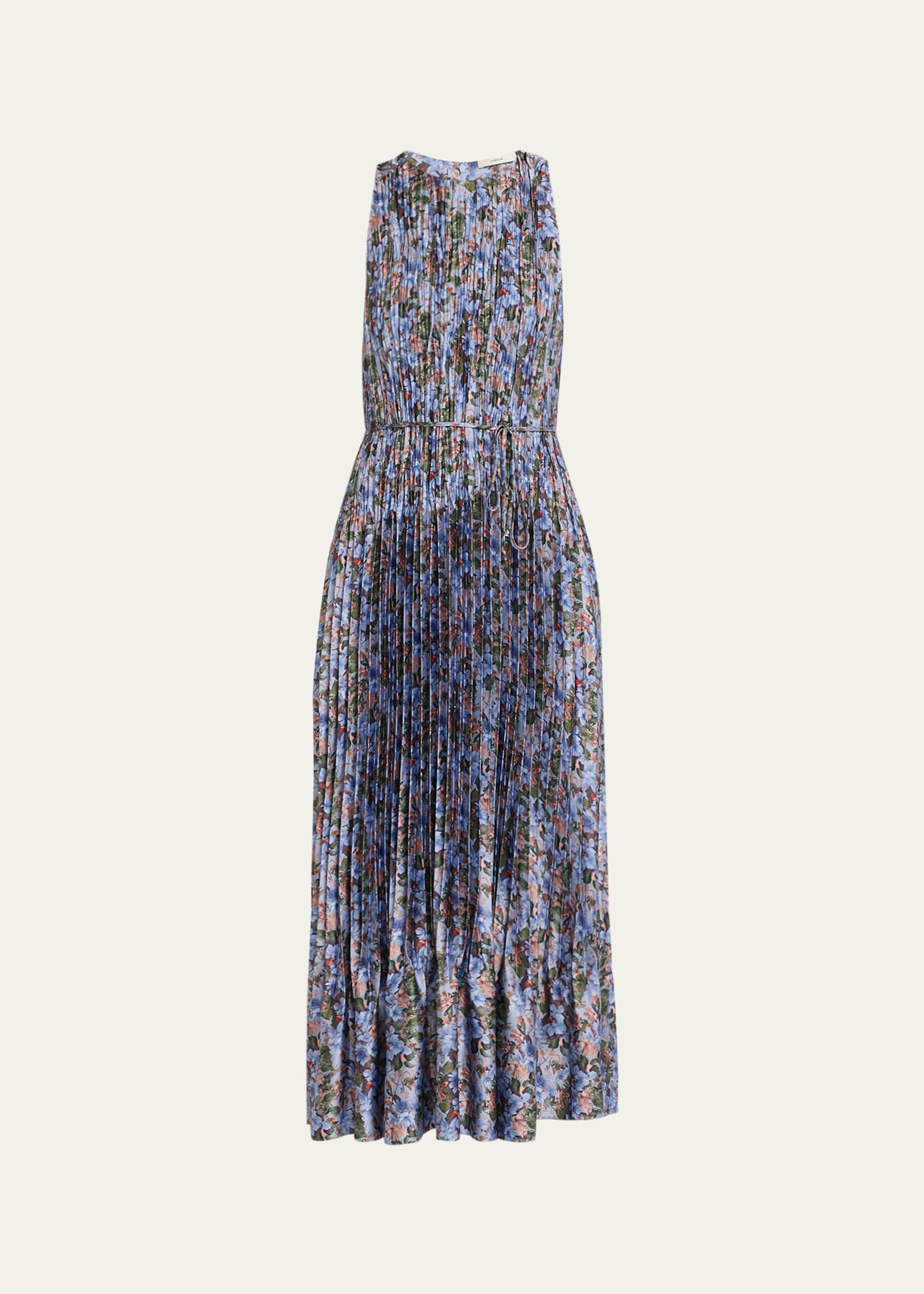 Vince Wild Primrose Pleated Pintuck Sleeveless Midi Dress In Pacific
