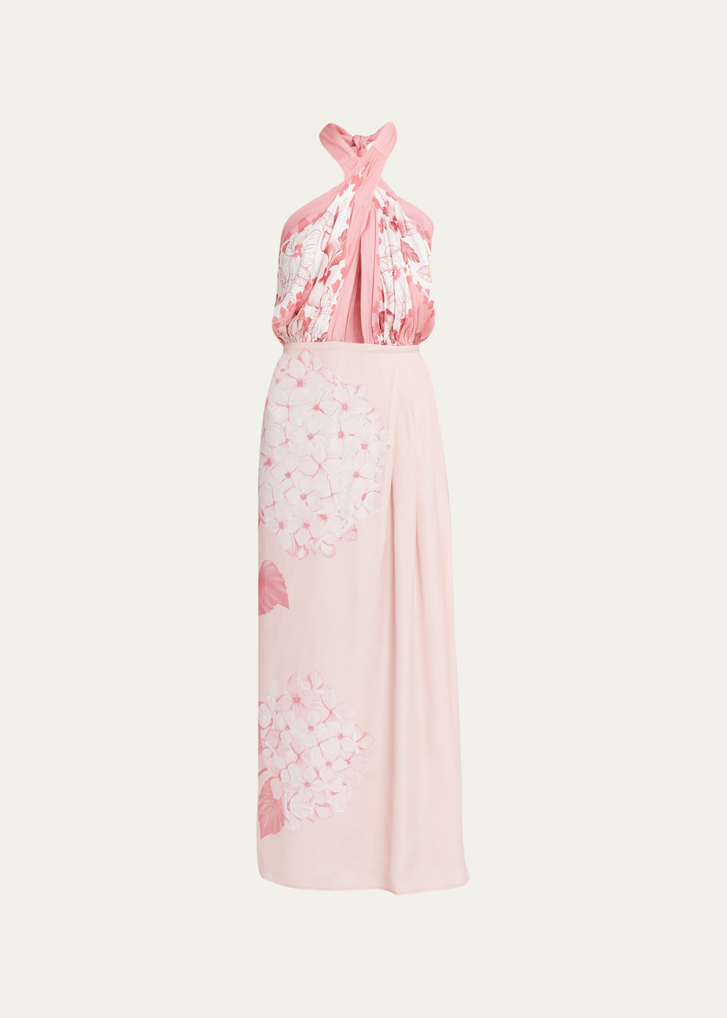 Verandah Hydrangea-print Saree Hand-draped Midi Dress In Light Pastel Pink