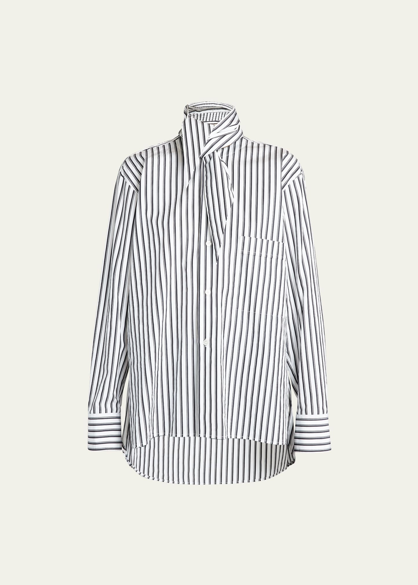 Striped Button-Front Shirt with Tie Neck