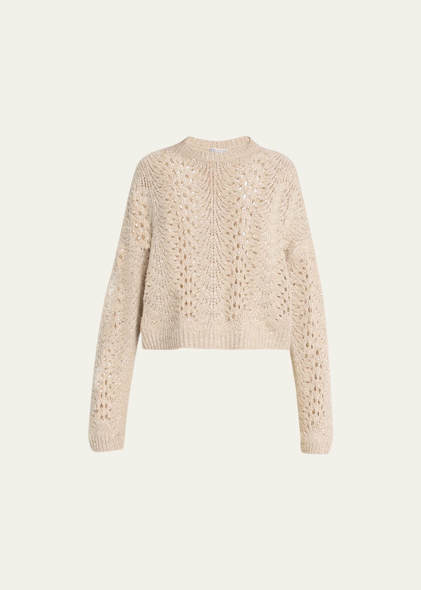 Shop Brunello Cucinelli Cashmere Lace Knit Cropped Sweater With Micro Paillette Detail In Cyy04 Feather