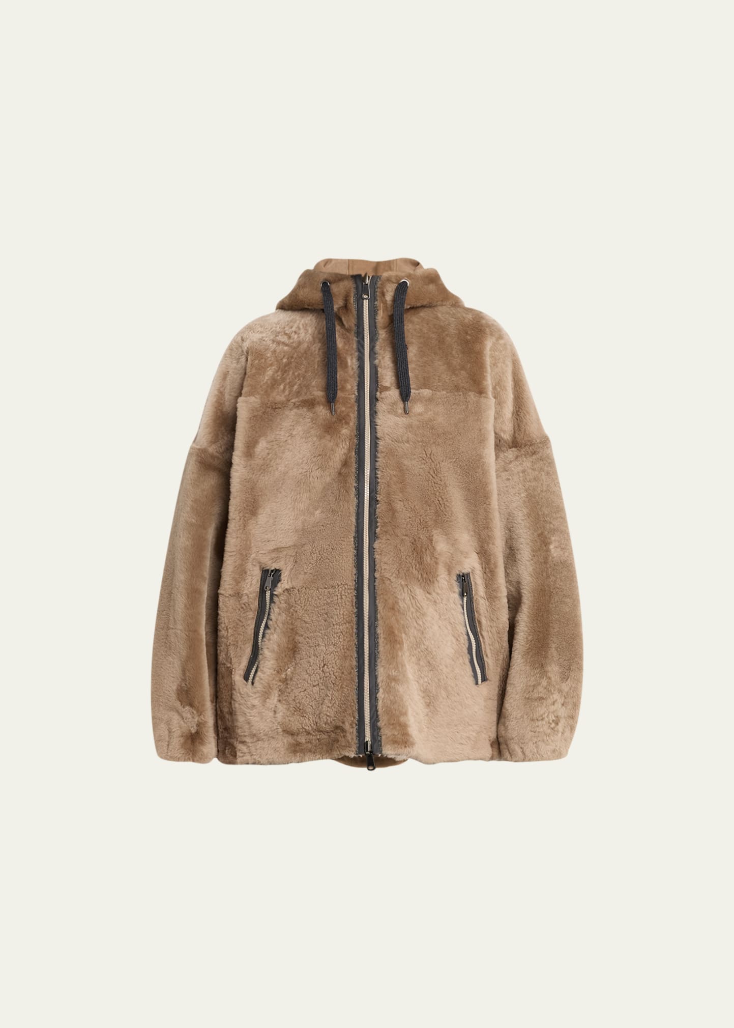 Brunello Cucinelli Anorak Hooded Shearling Reversible Coat With Monili Trim In C8487 Almond