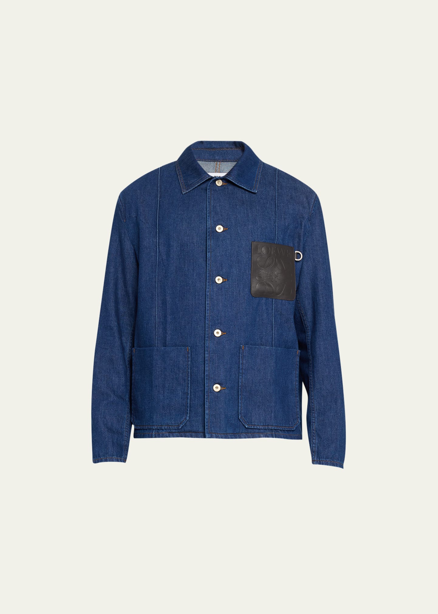 Shop Loewe Men's Denim Leather Anagram Workwear Jacket In Navy Blue