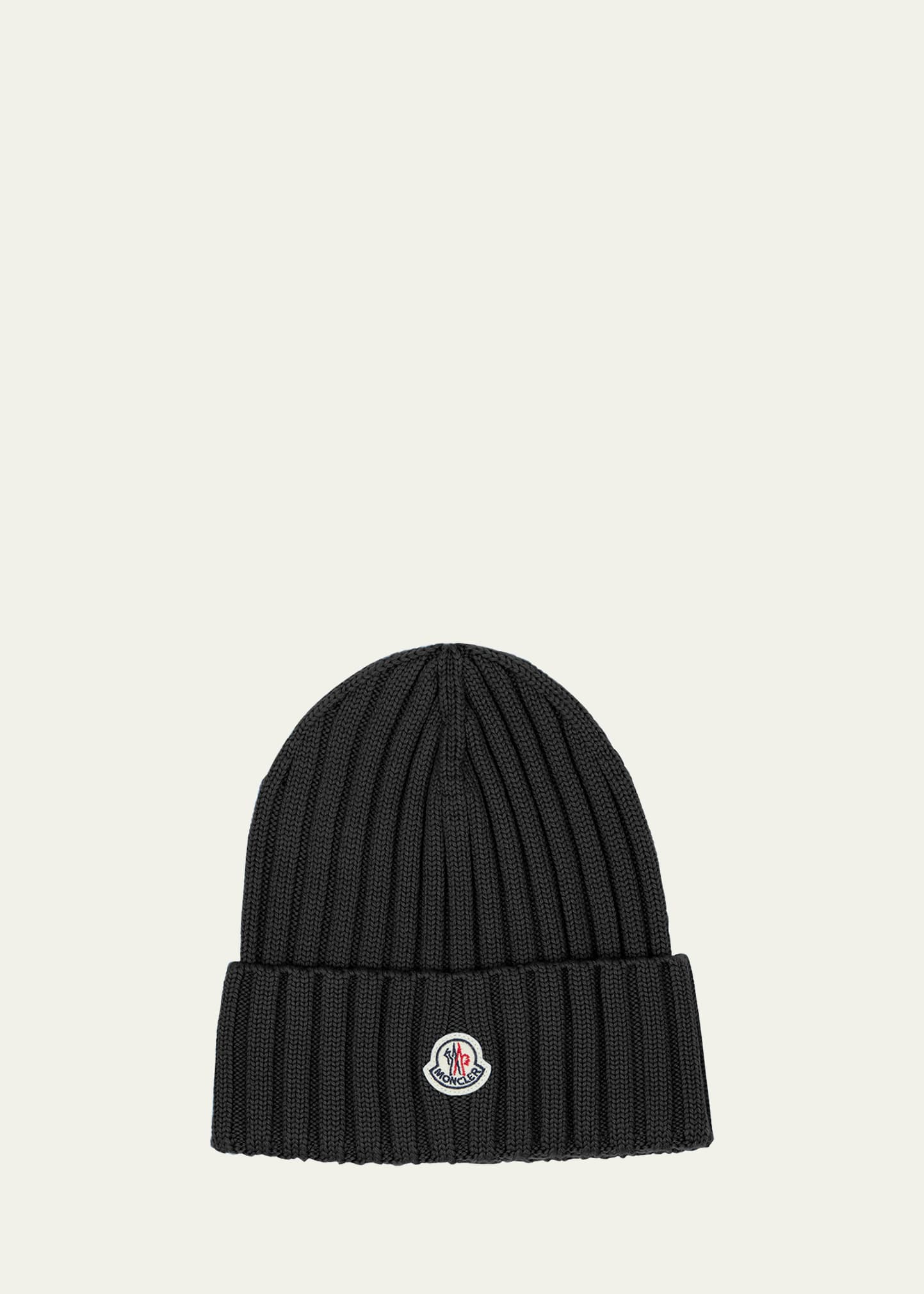 Moncler Ribbed Wool Beanie With Logo Patch In Black