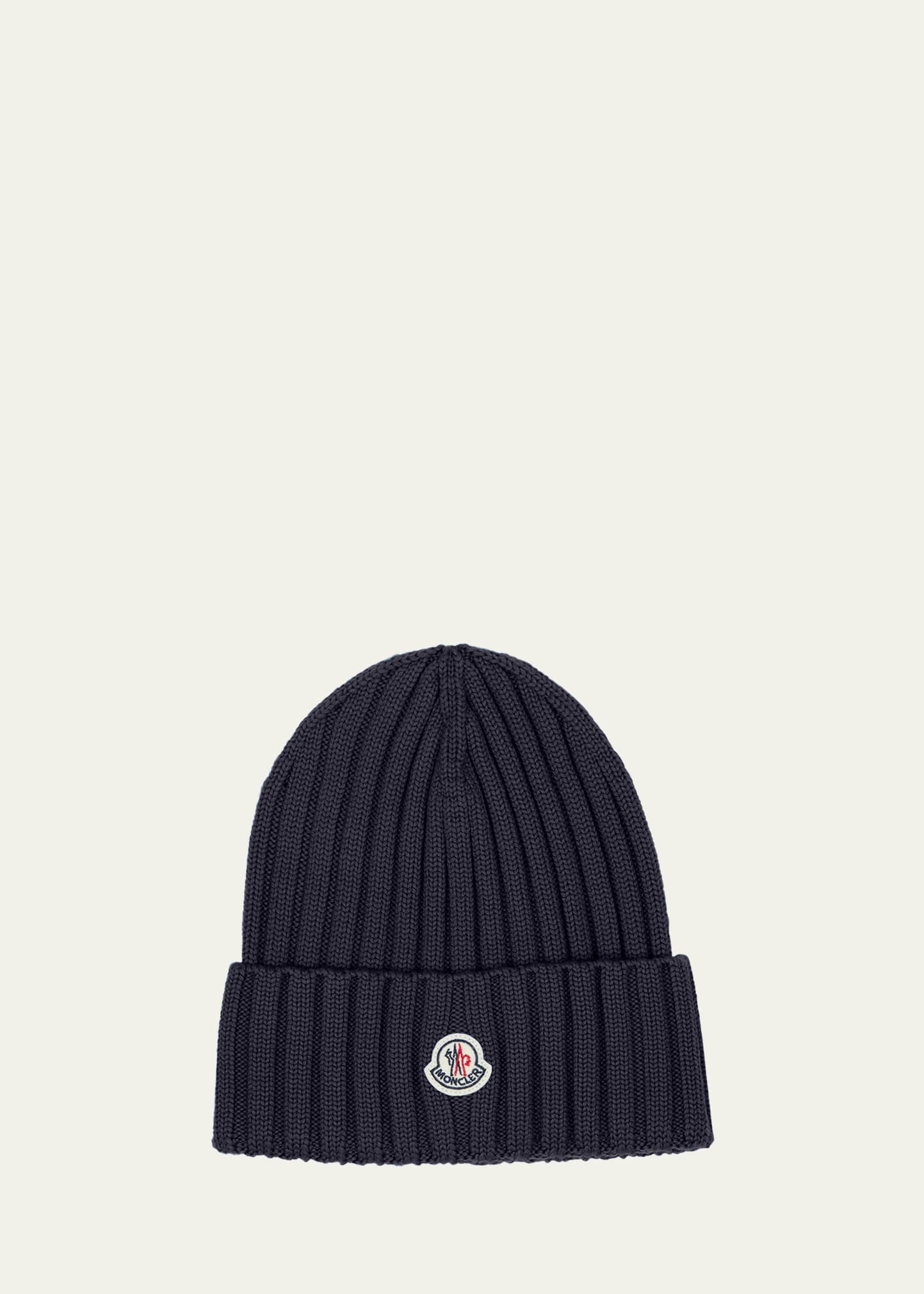 Shop Moncler Ribbed Wool Beanie With Logo Patch In Navy
