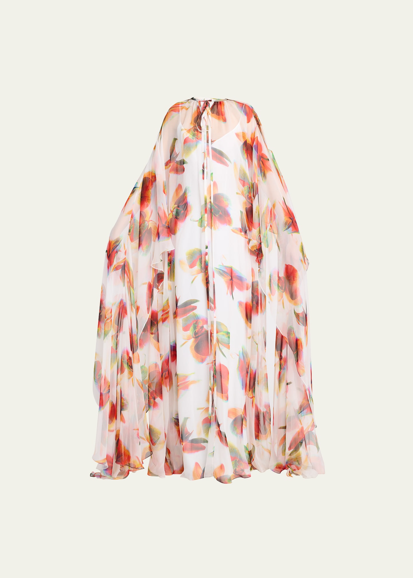 Shop Alexander Mcqueen Flowy Orchid Printed Silk Cape Gown In White