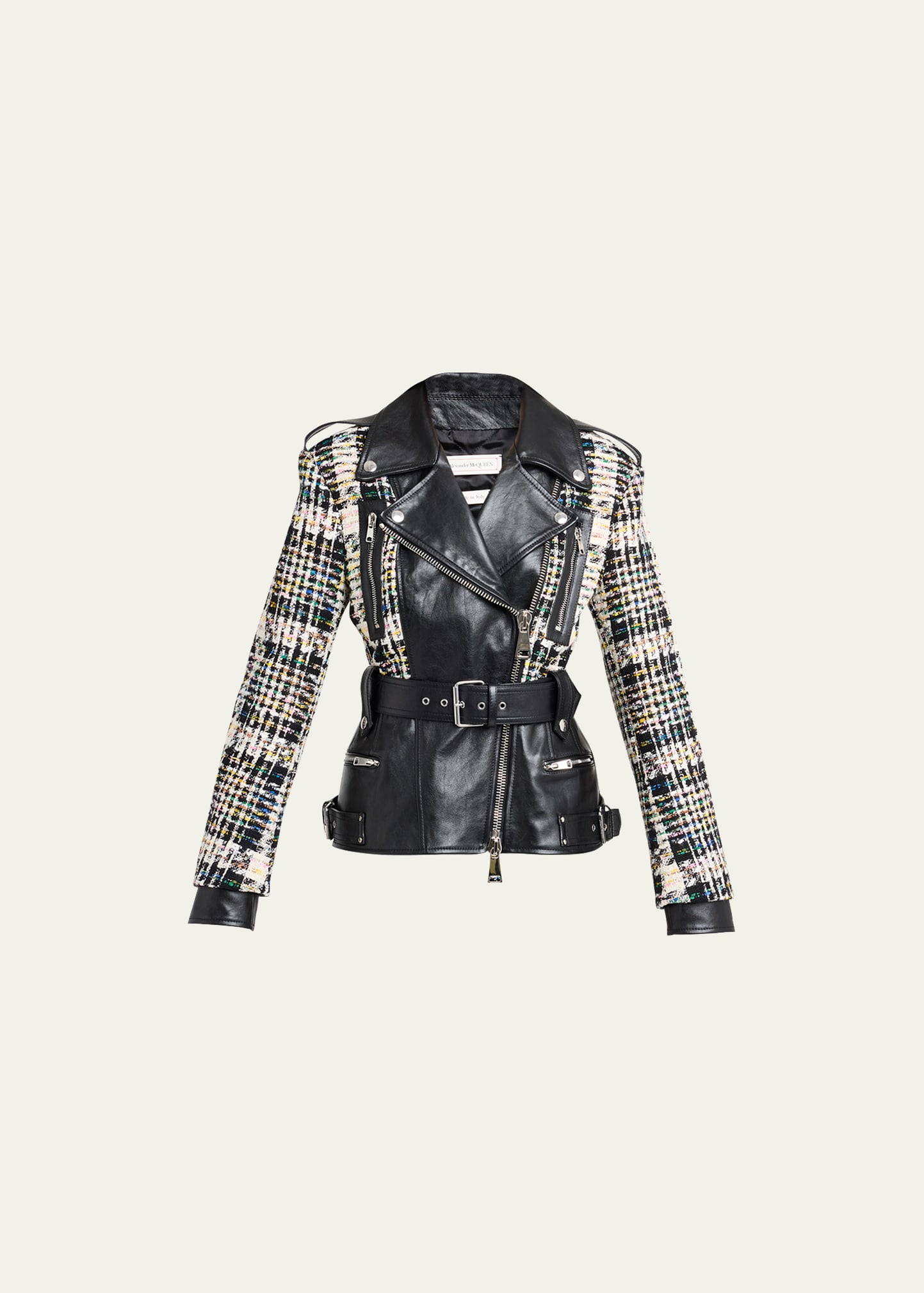 Alexander Mcqueen Belted Leather Moto Jacket With Tweed Detail In Black/multicolour