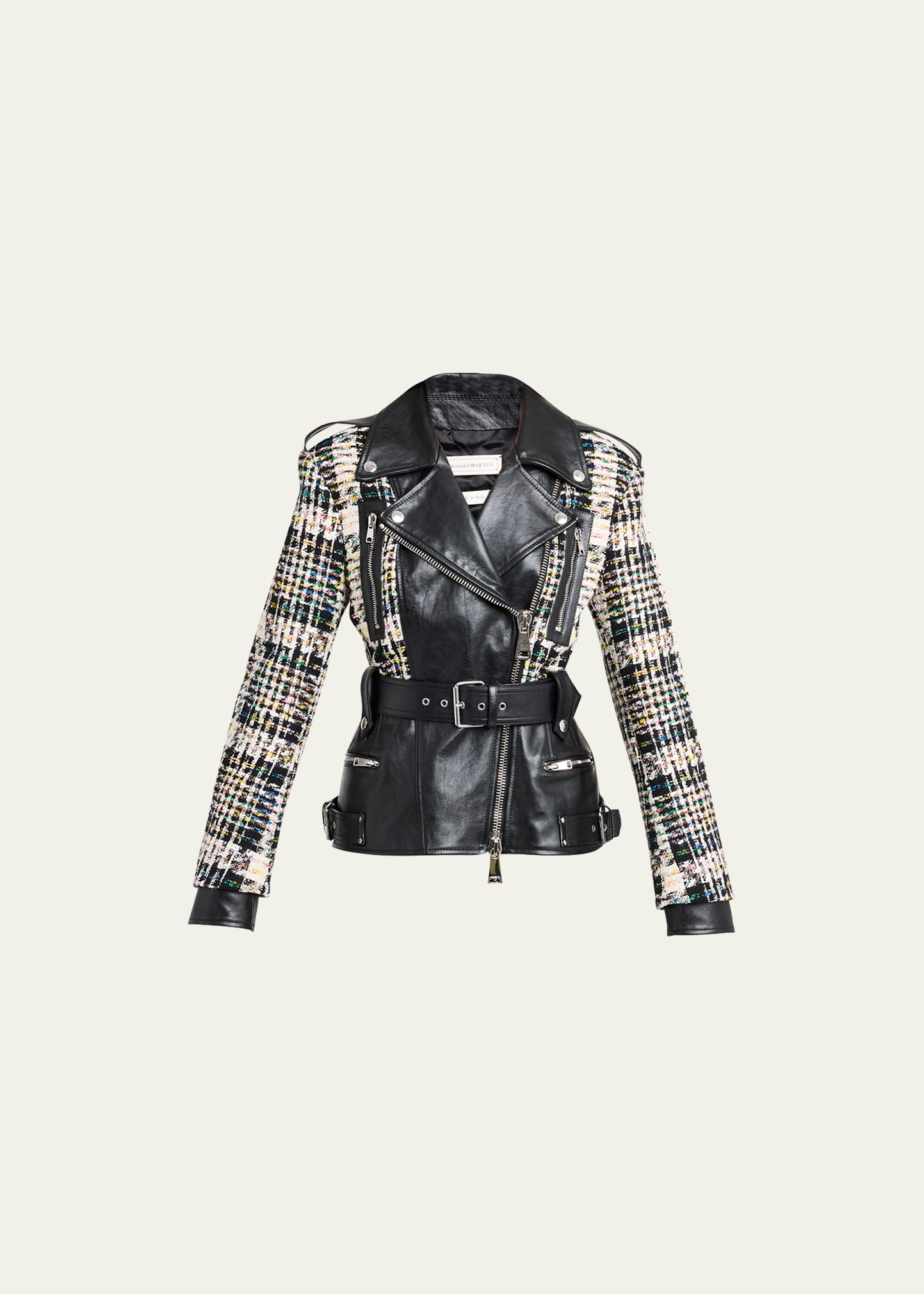 Alexander Mcqueen Belted Leather Moto Jacket With Tweed Detail In Blackmulti