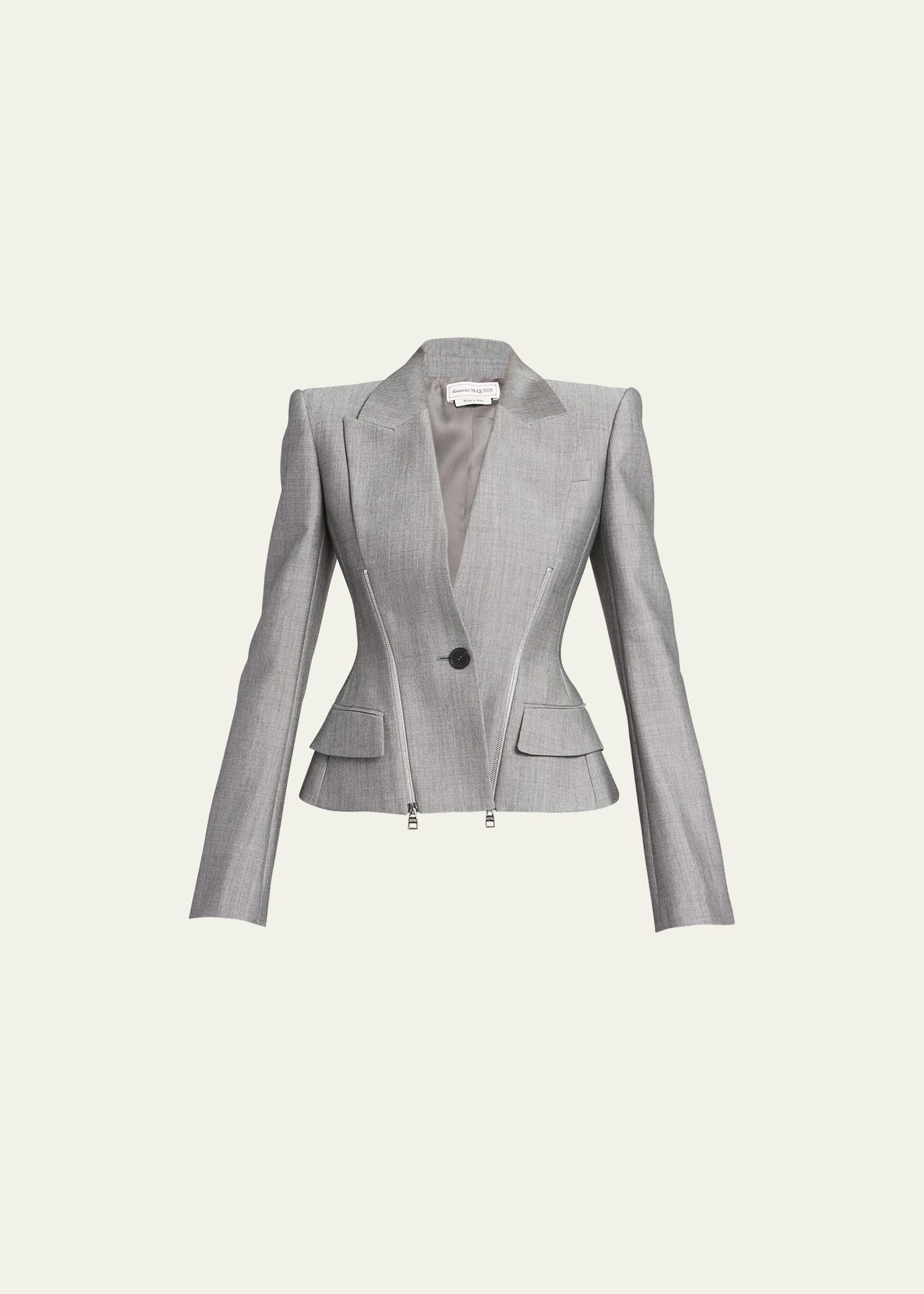 Alexander Mcqueen Wool Blazer Jacket With Zipper Detail In Lead Ivory