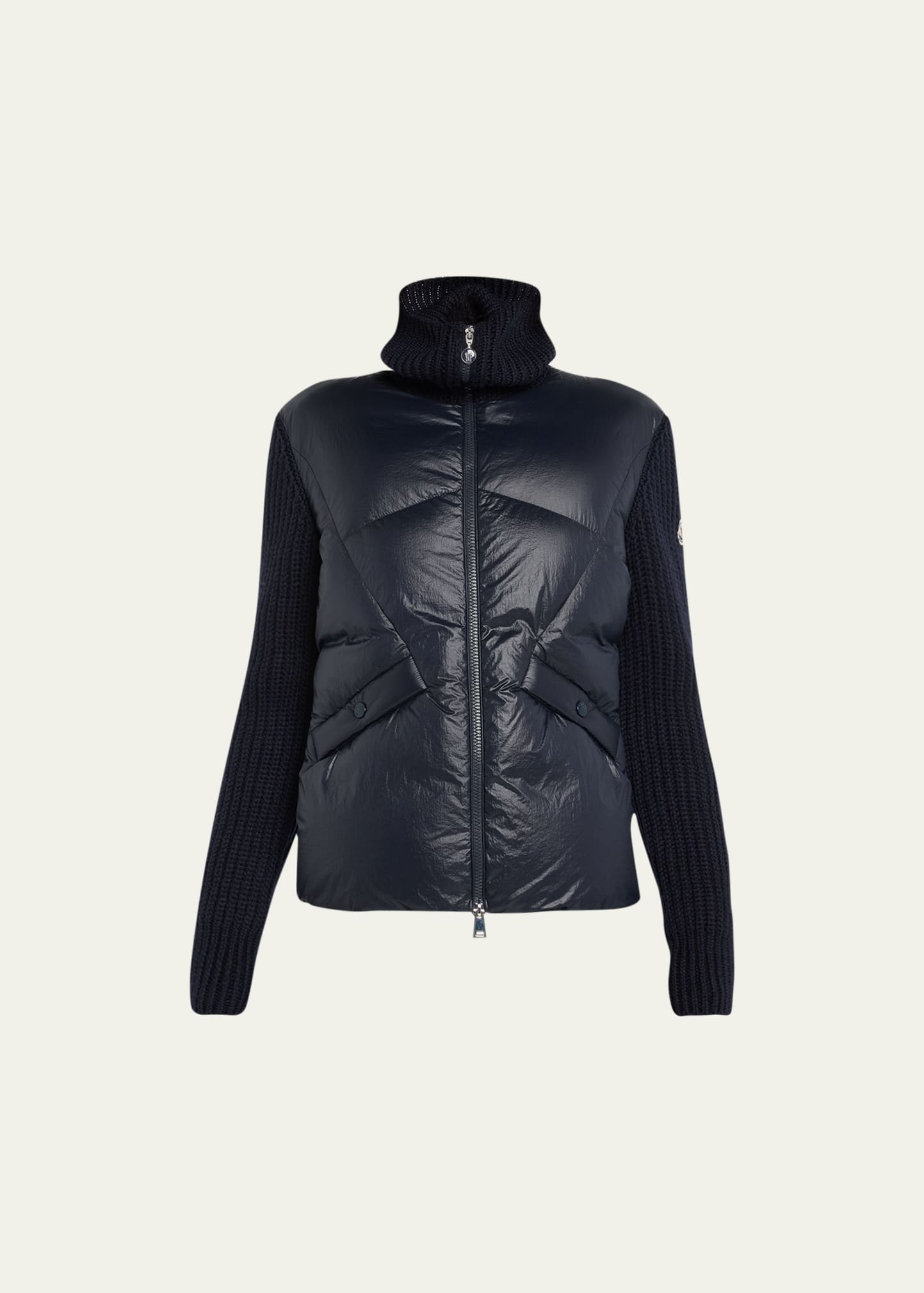 Moncler Wool Knit Cardigan With Puffer Front In Navy
