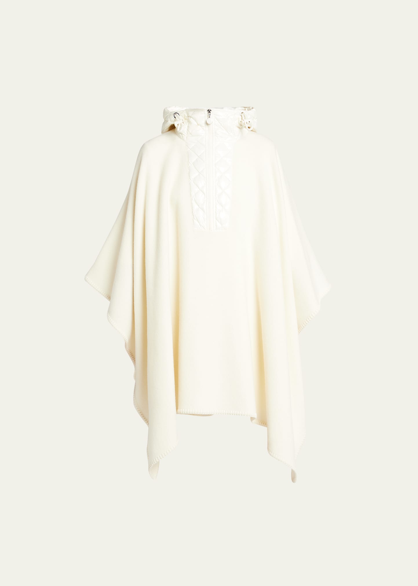 Shop Moncler Hooded Long Wool Cape With Quilted Front In Natural