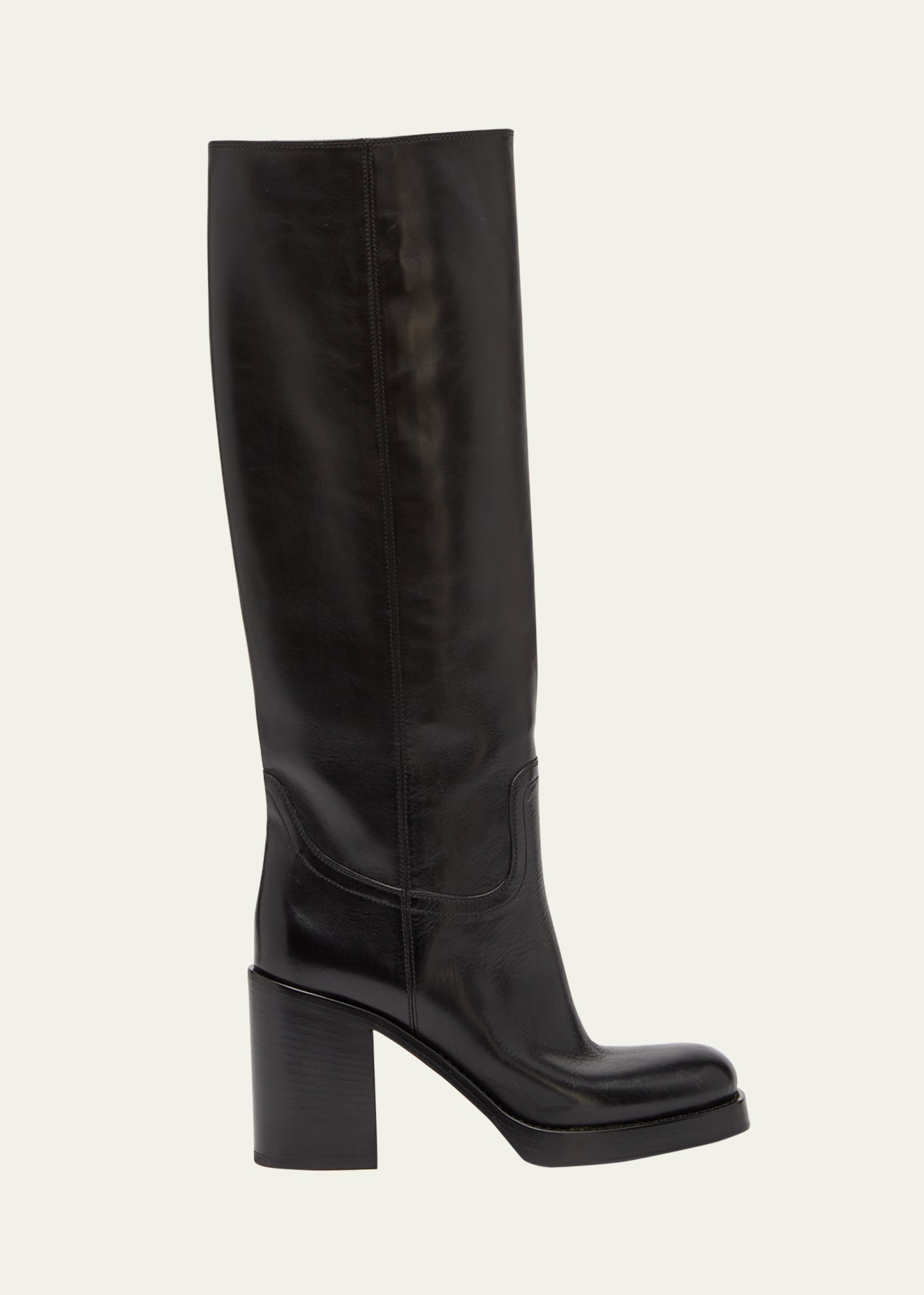 Prada Leather Heeled Knee Boots In Nero