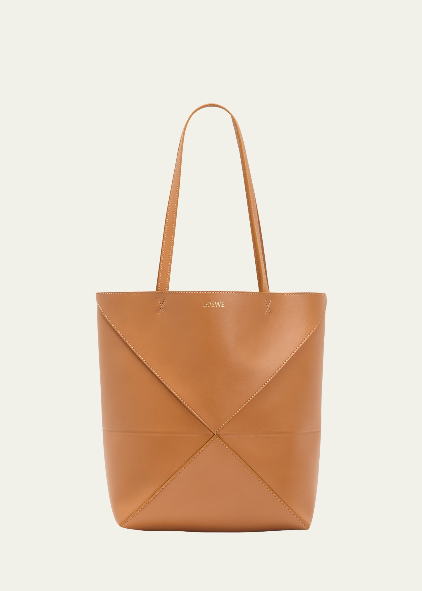 Loewe Puzzle Fold Medium Tote Bag In Shiny Leather In Warm Desert