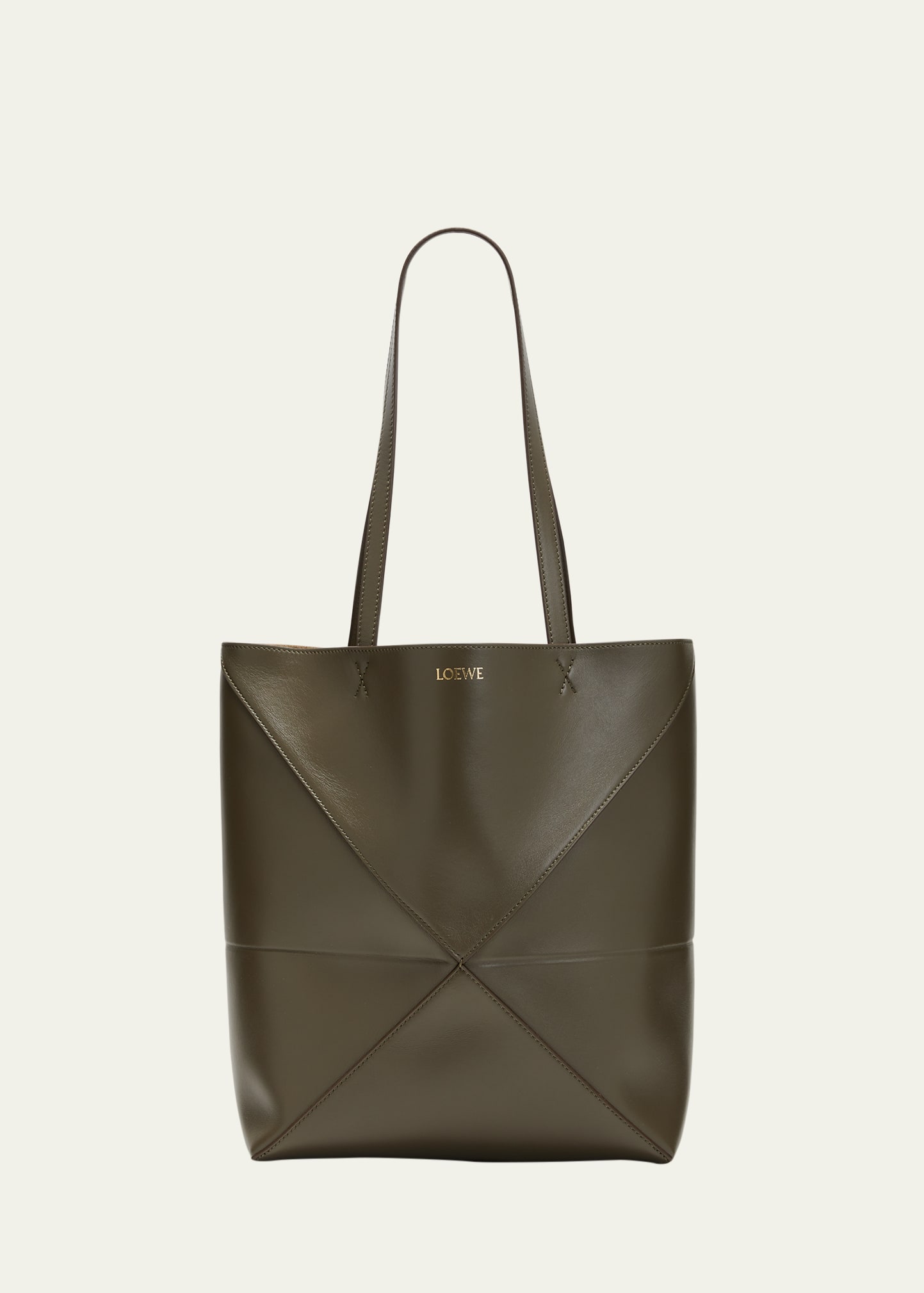 Shop Loewe Puzzle Fold Medium Tote Bag In Shiny Leather In Dark Khaki Green