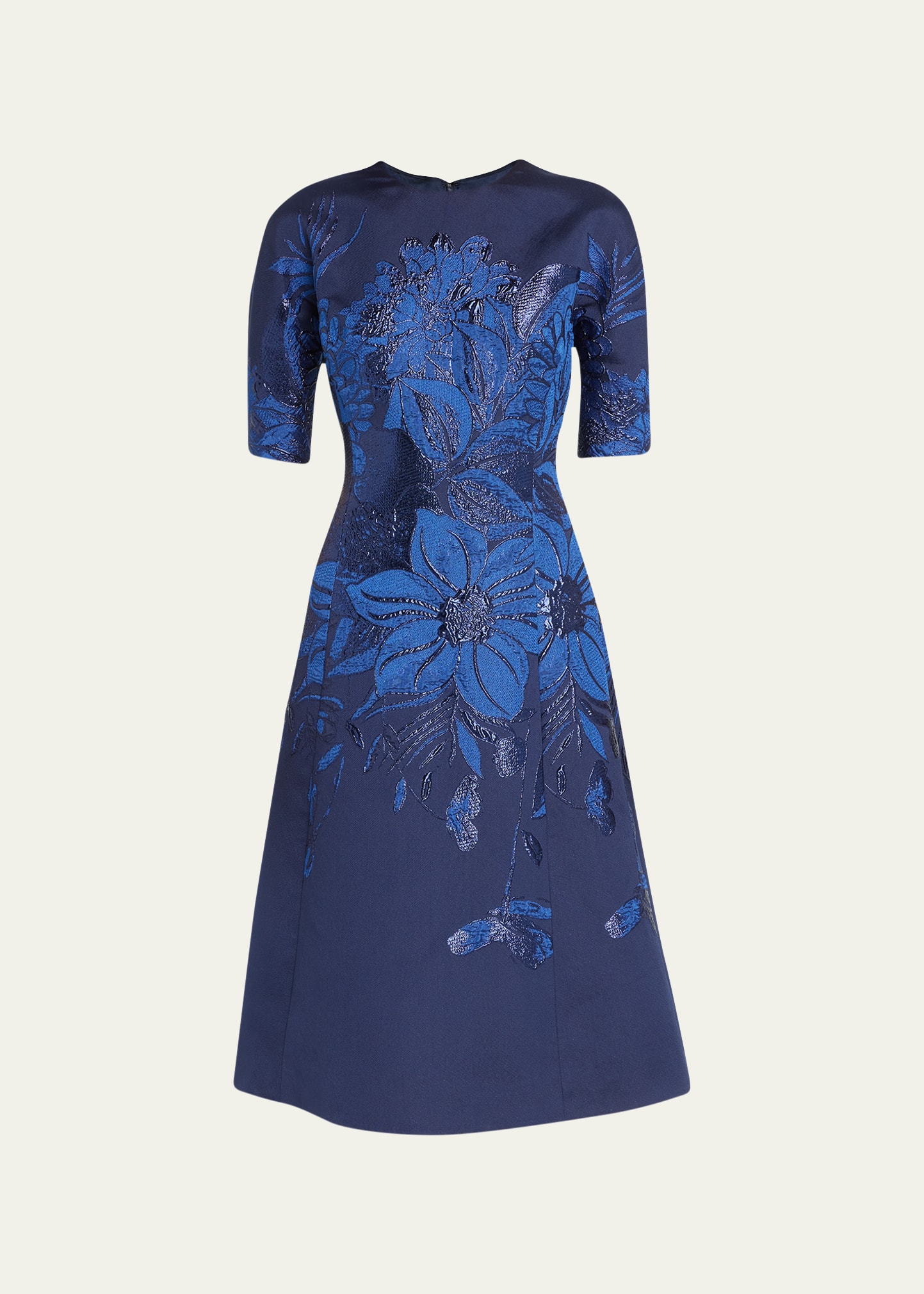 Rickie Freeman For Teri Jon Short-sleeve Floral Jacquard A-line Midi Dress In Navy