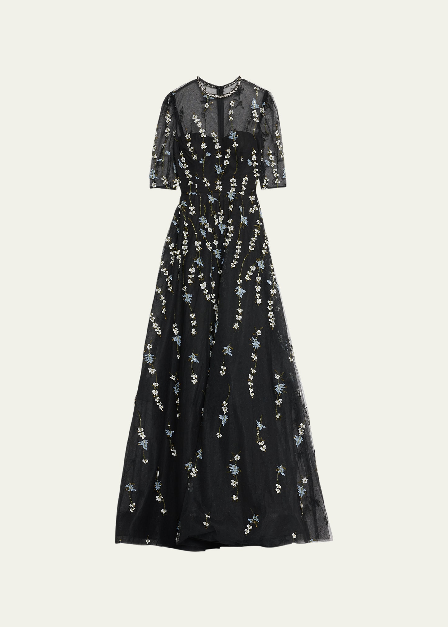 Beaded Floral-Appliqué Illusion A-Line Gown