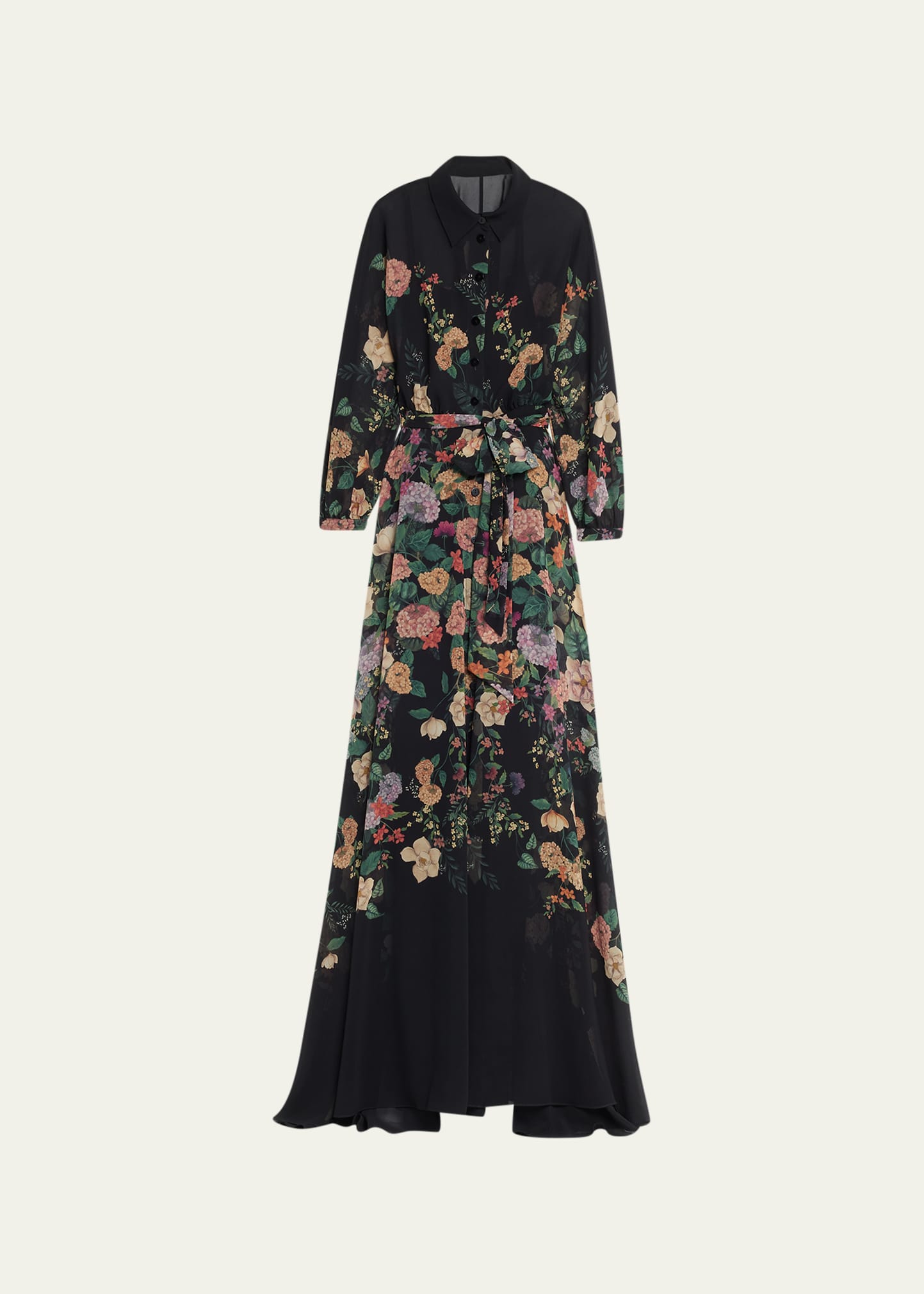 Rickie Freeman For Teri Jon Belted Floral-print Chiffon Shirt Gown In Black Mult