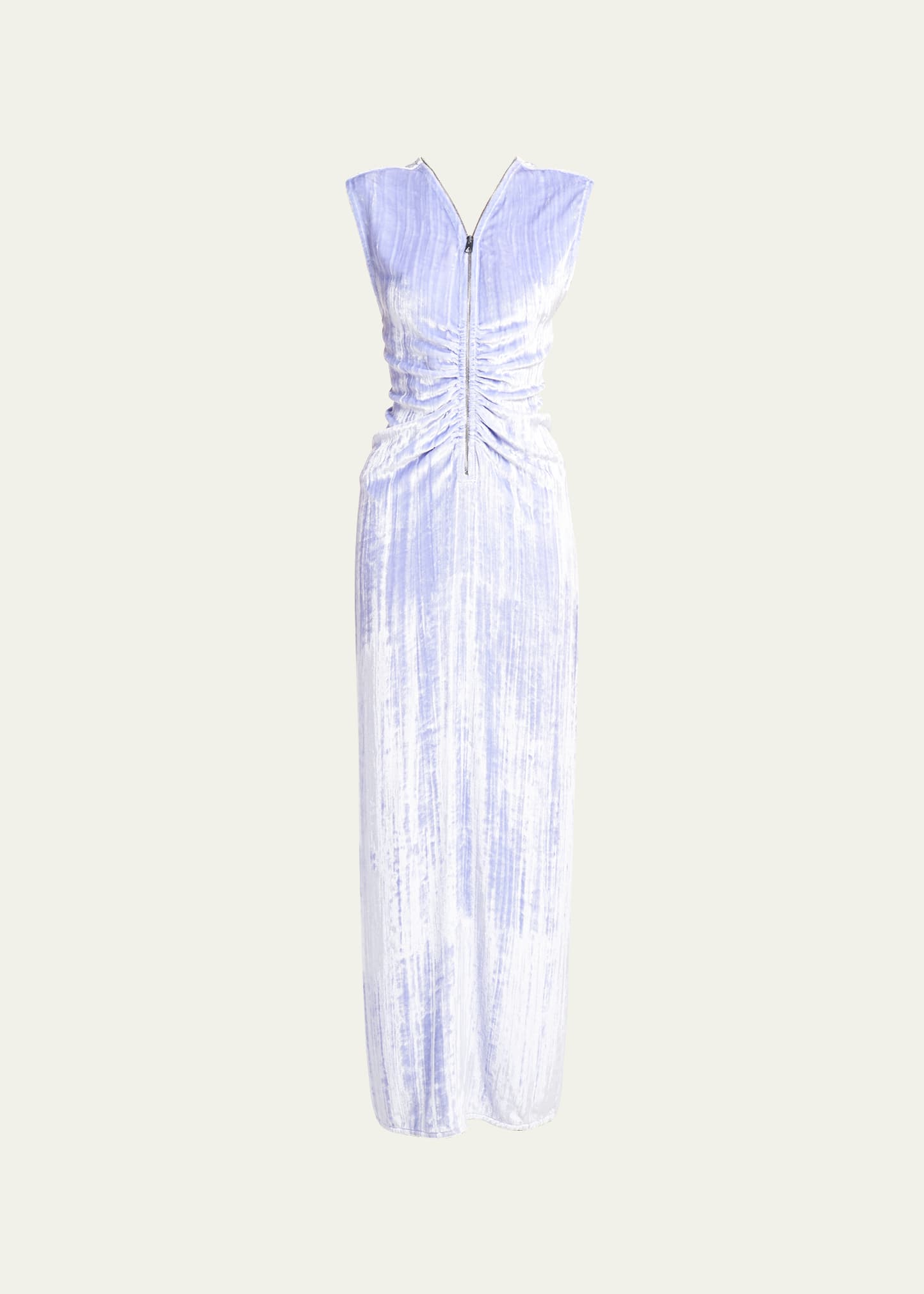 Shop Bottega Veneta Ruched Zip-up Velvet Maxi Dress In Iris