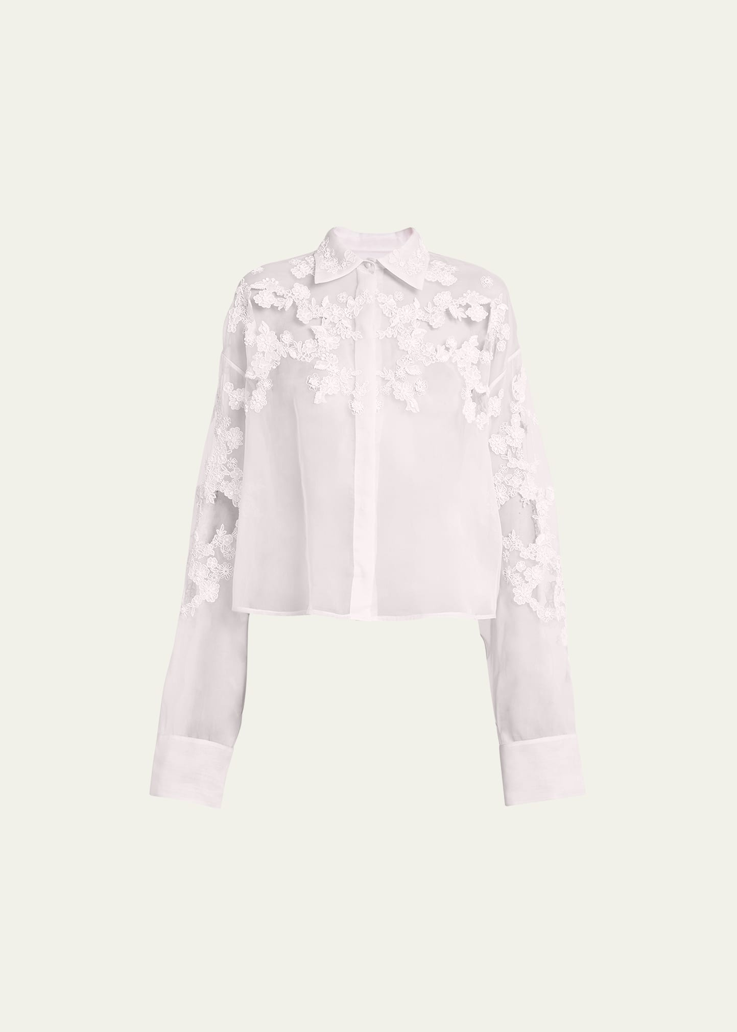VALENTINO SHEER LACE EMBROIDERED BUTTON-FRONT BLOUSE
