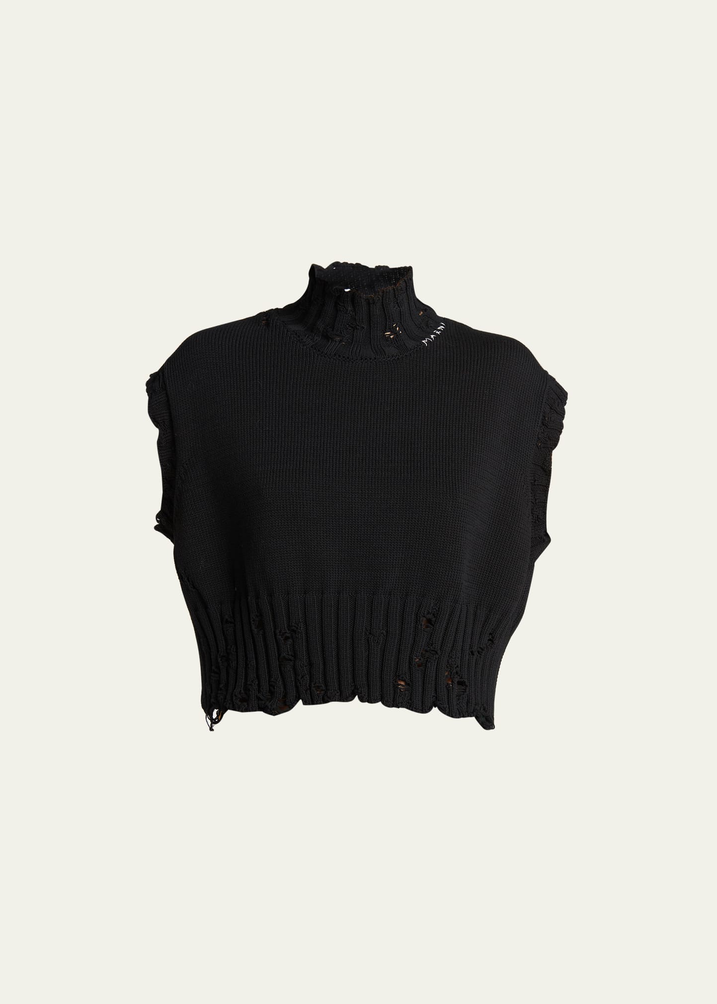 Marni Cropped Distressed Embroidered Cotton Turtleneck Vest In Black
