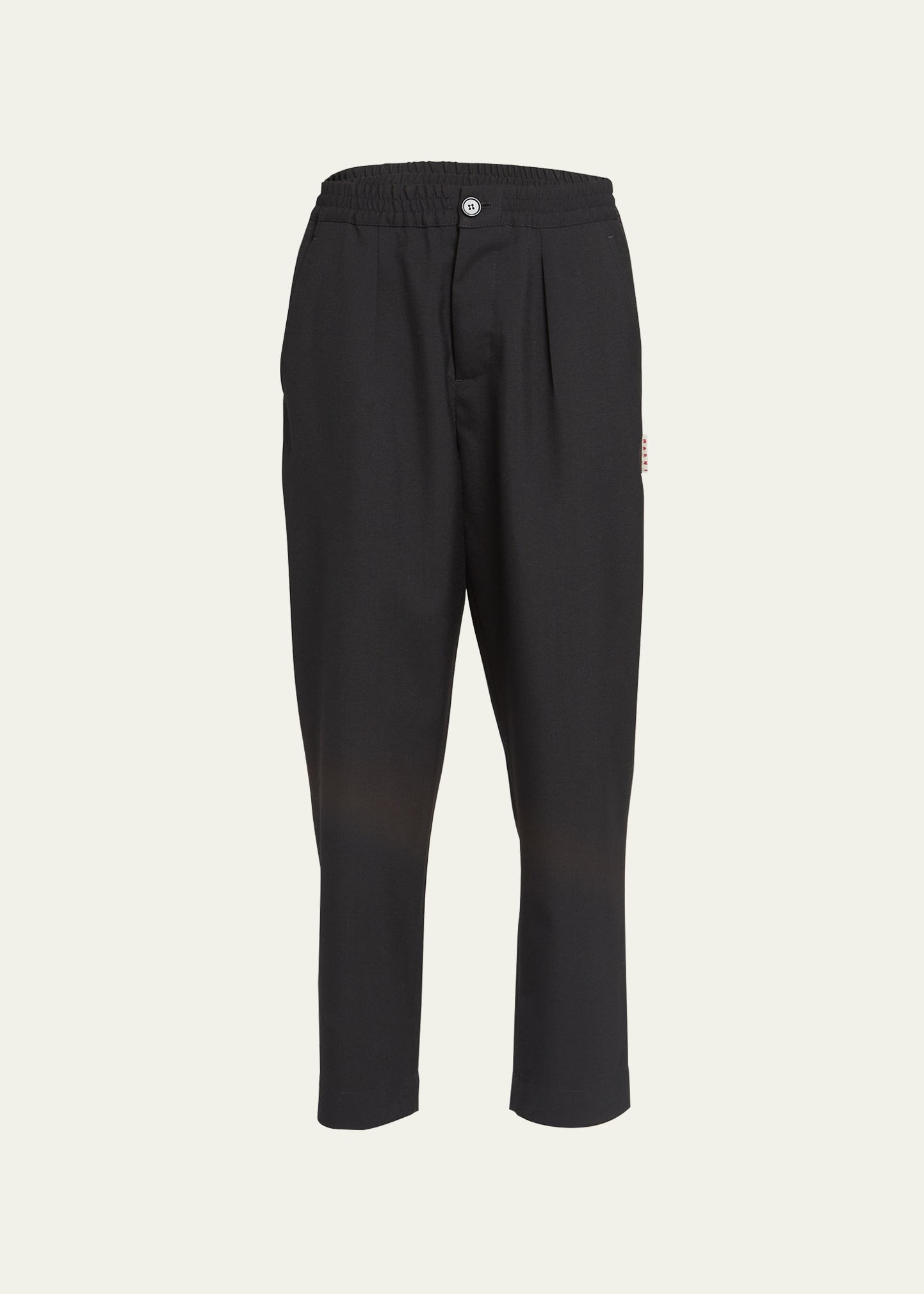 Marni Hand-stitch Logo Elastic-waist Straight-leg Ankle Trousers In Offblack
