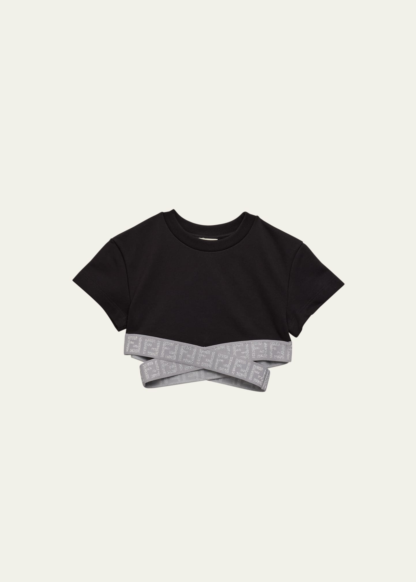 Fendi Kids' Girl's Glittery Logo Tape Crop Top In Black