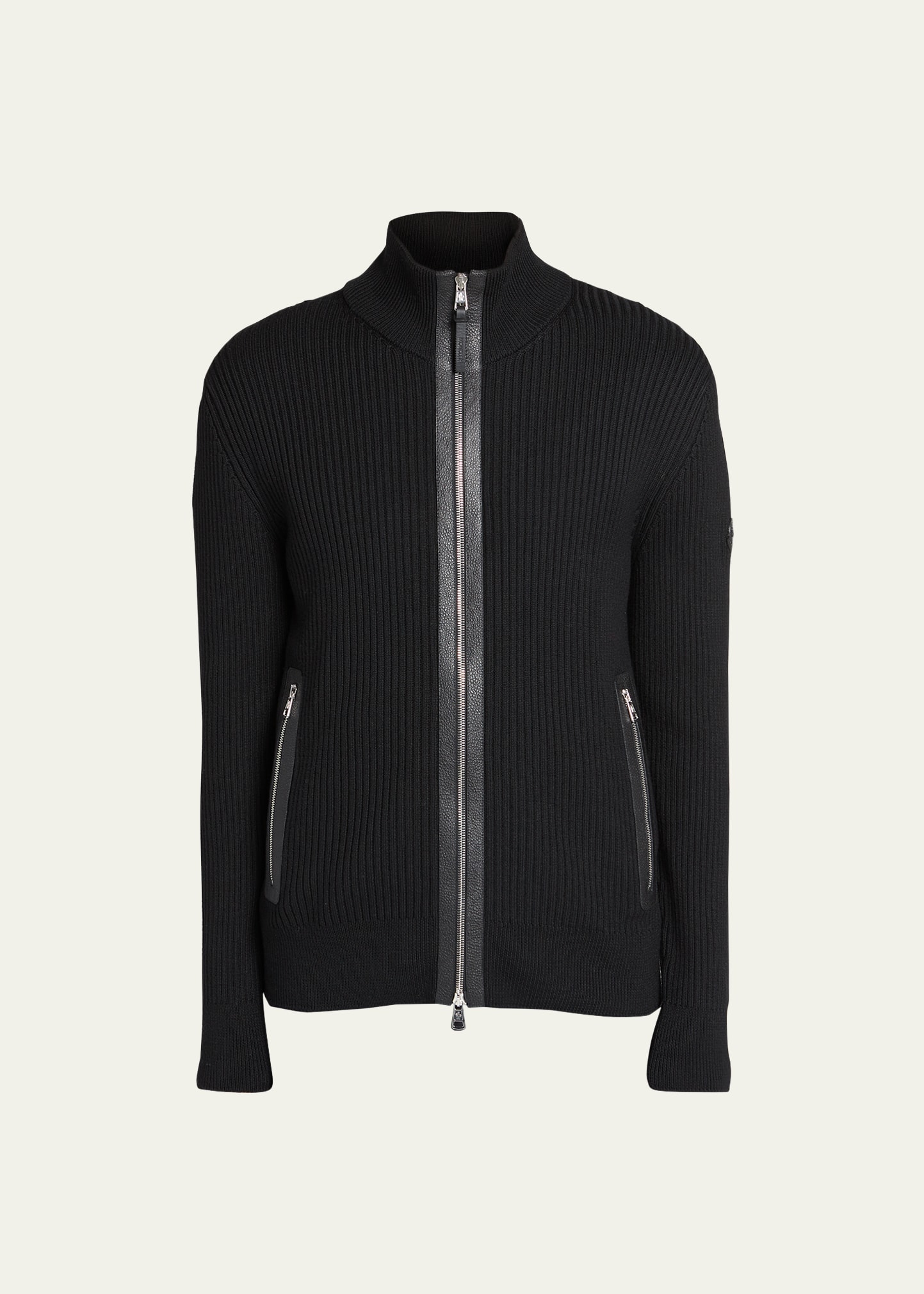 Shop Moncler Men's Ribbed Cardigan With Leather Trim In Black